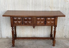 20th Century Carved Two-Drawer Spanish Chesnut Console Table with Iron Hardware