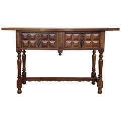 20th Century Carved Two-Drawer Spanish Chesnut Console Table with Iron Hardware Antique 20th Century Carved Two-Drawer Spanish Chesnut Console Table with Iron Hardware