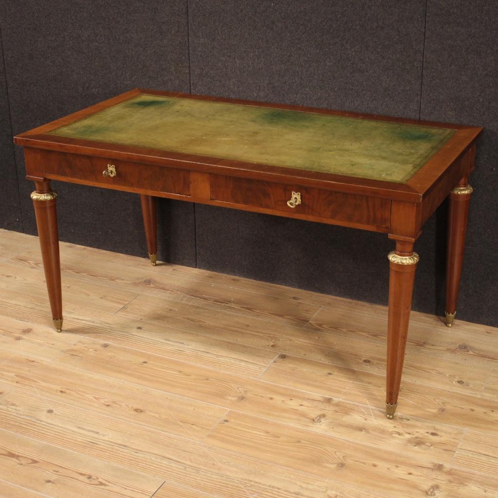 Wood 20th Century Carved, Veneered Mahogany and Leatherette French Writing Desk, 1950