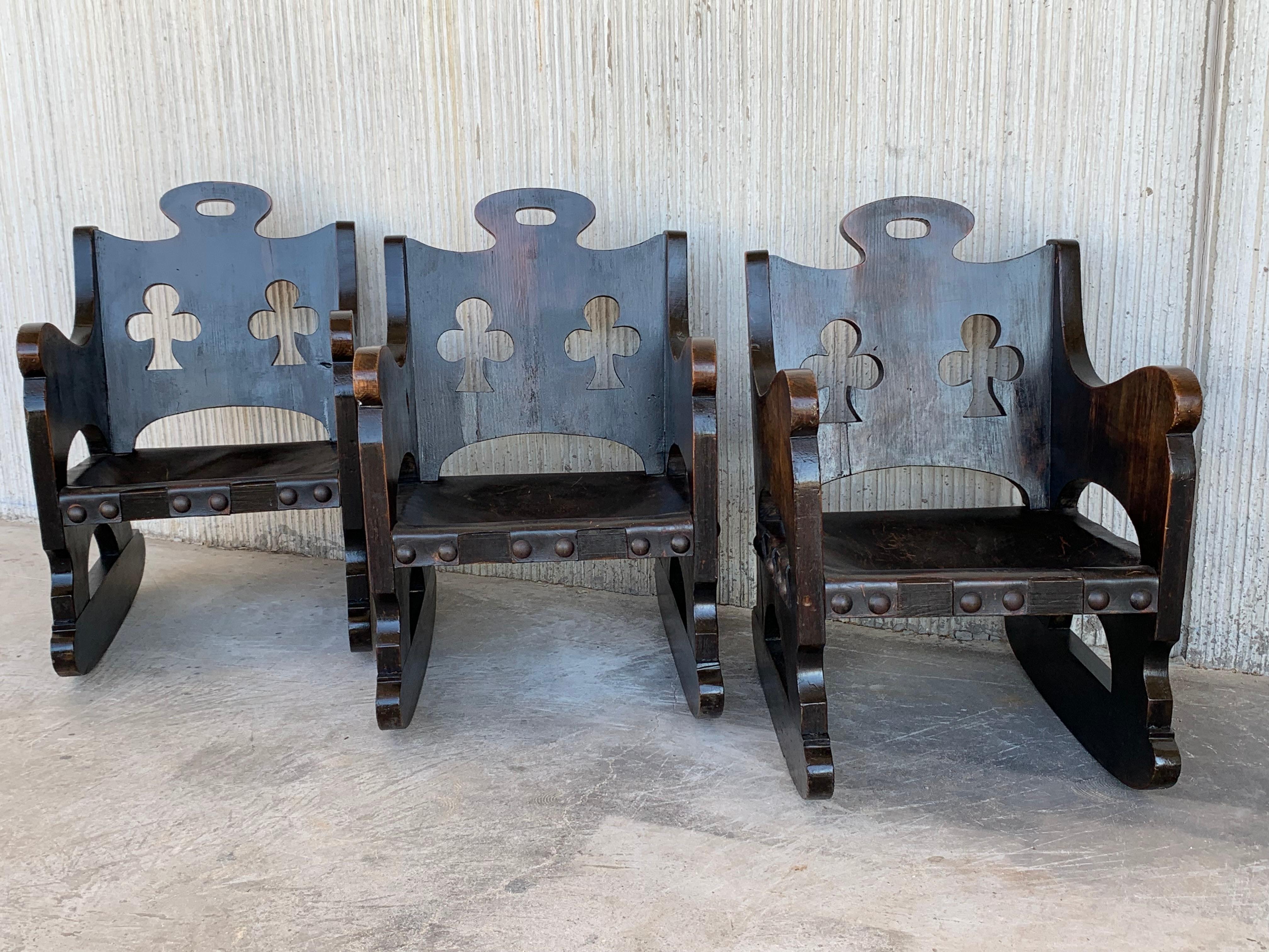 20th Century Carved Walnut Spanish Rocking Chairs Featuring Ace of Clubs For Sale 9
