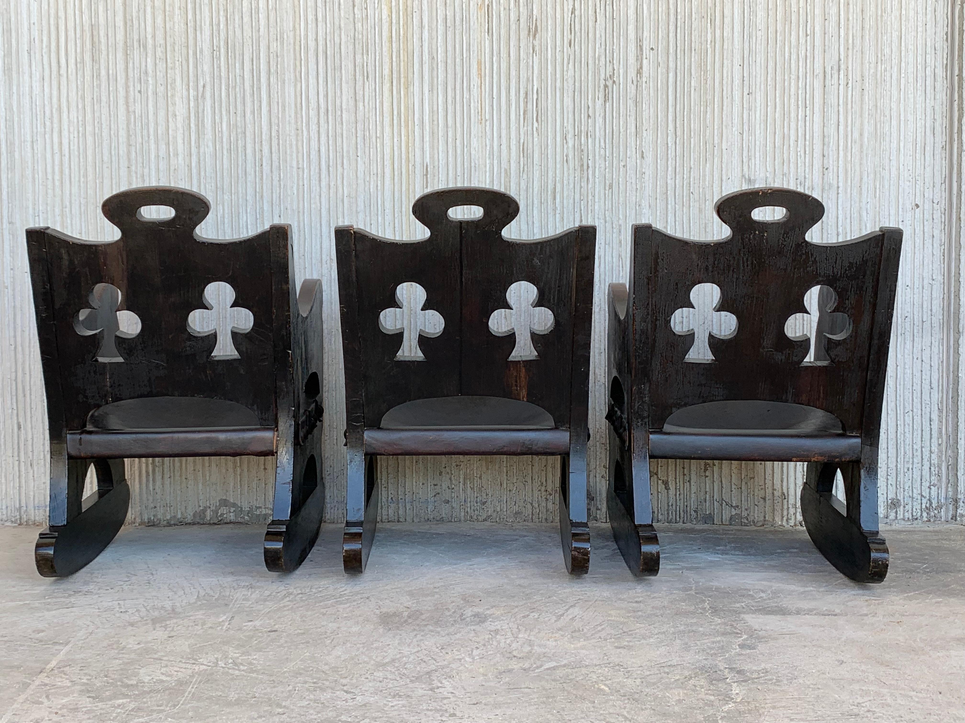 20th Century Carved Walnut Spanish Rocking Chairs Featuring Ace of Clubs For Sale 10