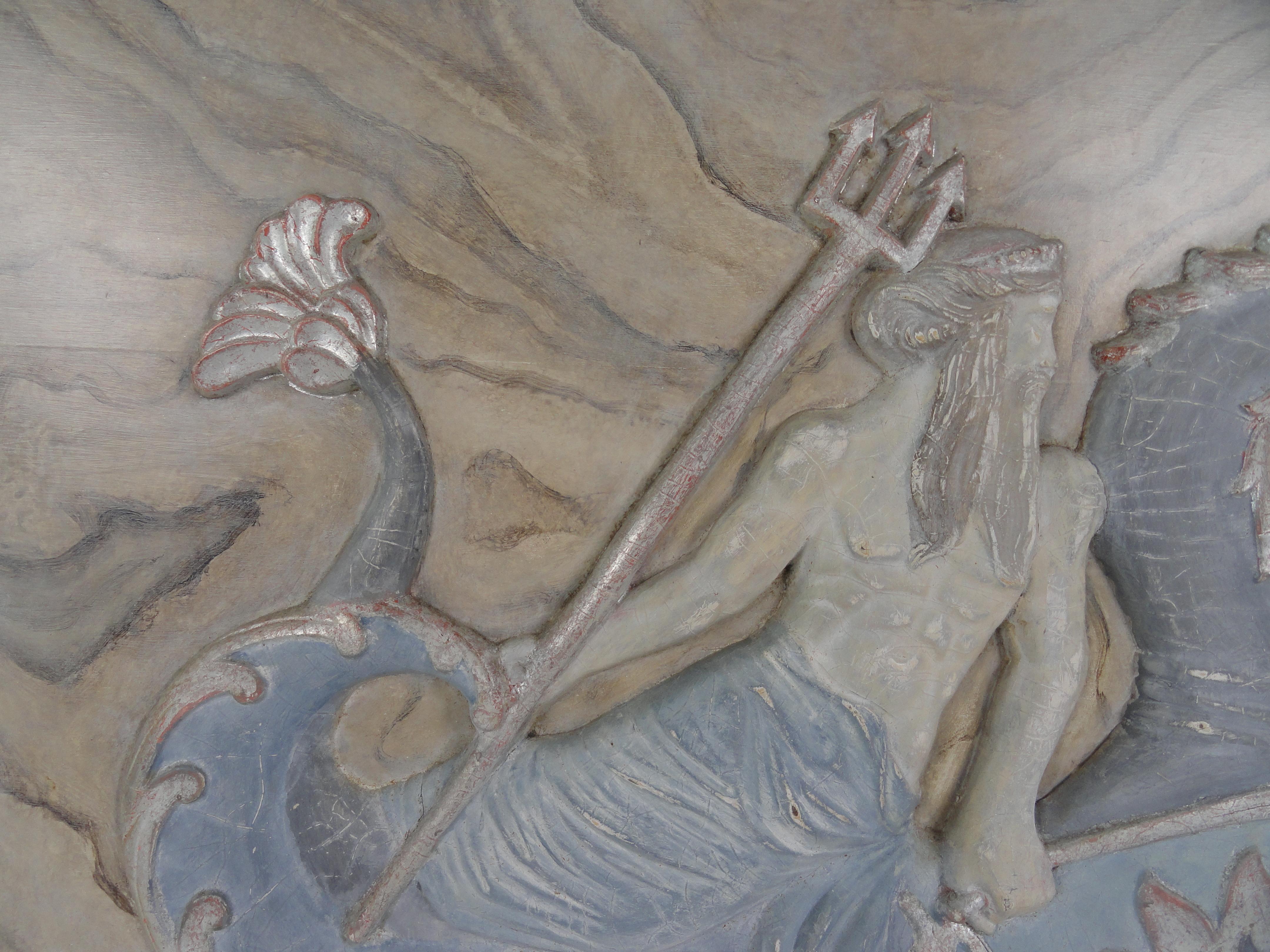 Large Poseidon wood carved plaque riding his horse. Beautifully painted with faux marble.