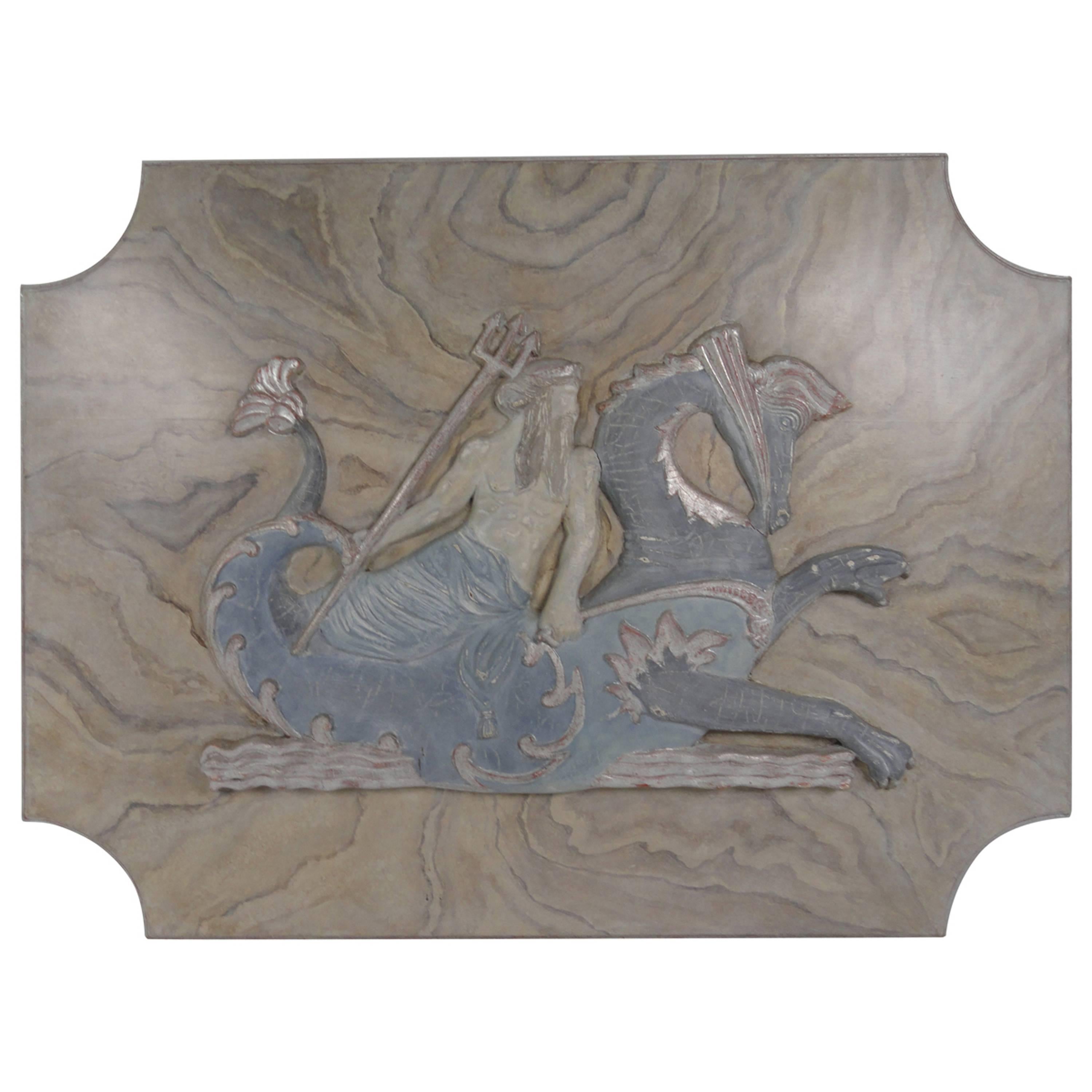 20th Century Carved Wood Plaque of Poseidon For Sale