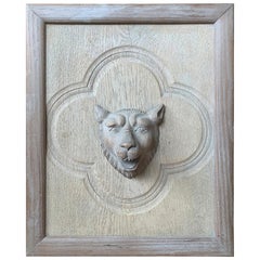 20th Century Carved Wooden Cat Head on Back Plate with Inset Quatrefoil