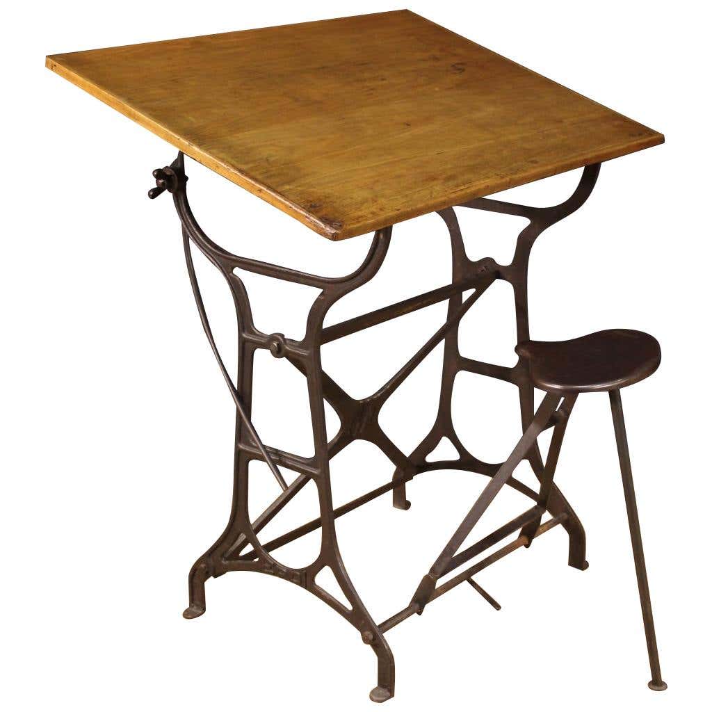 20th Century Cast Iron and Wood Vintage Italian Technical Drawing Table ...