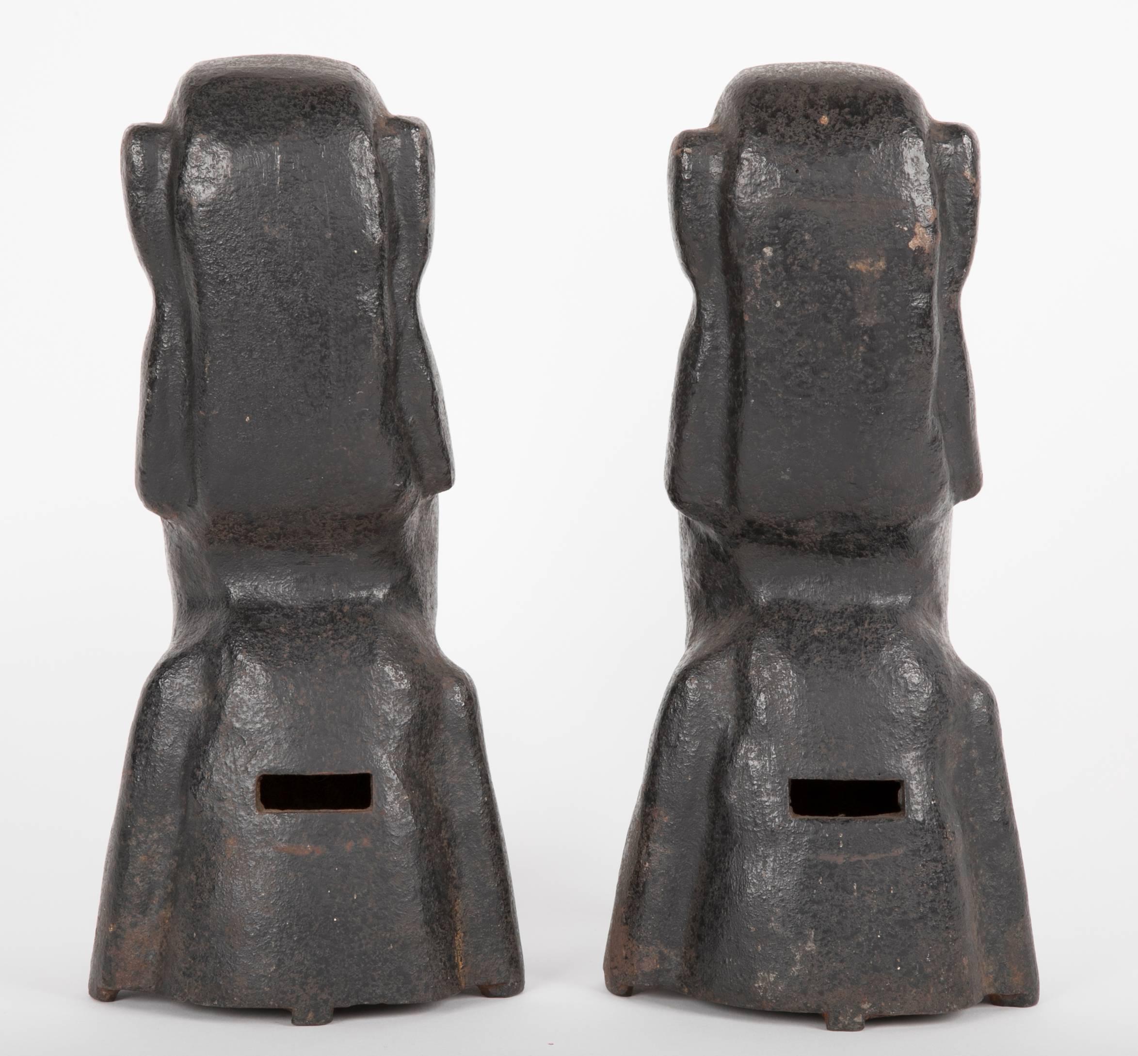 20th Century Cast Iron Andirons in the Form of the Easter Islands Stone Statues For Sale 1