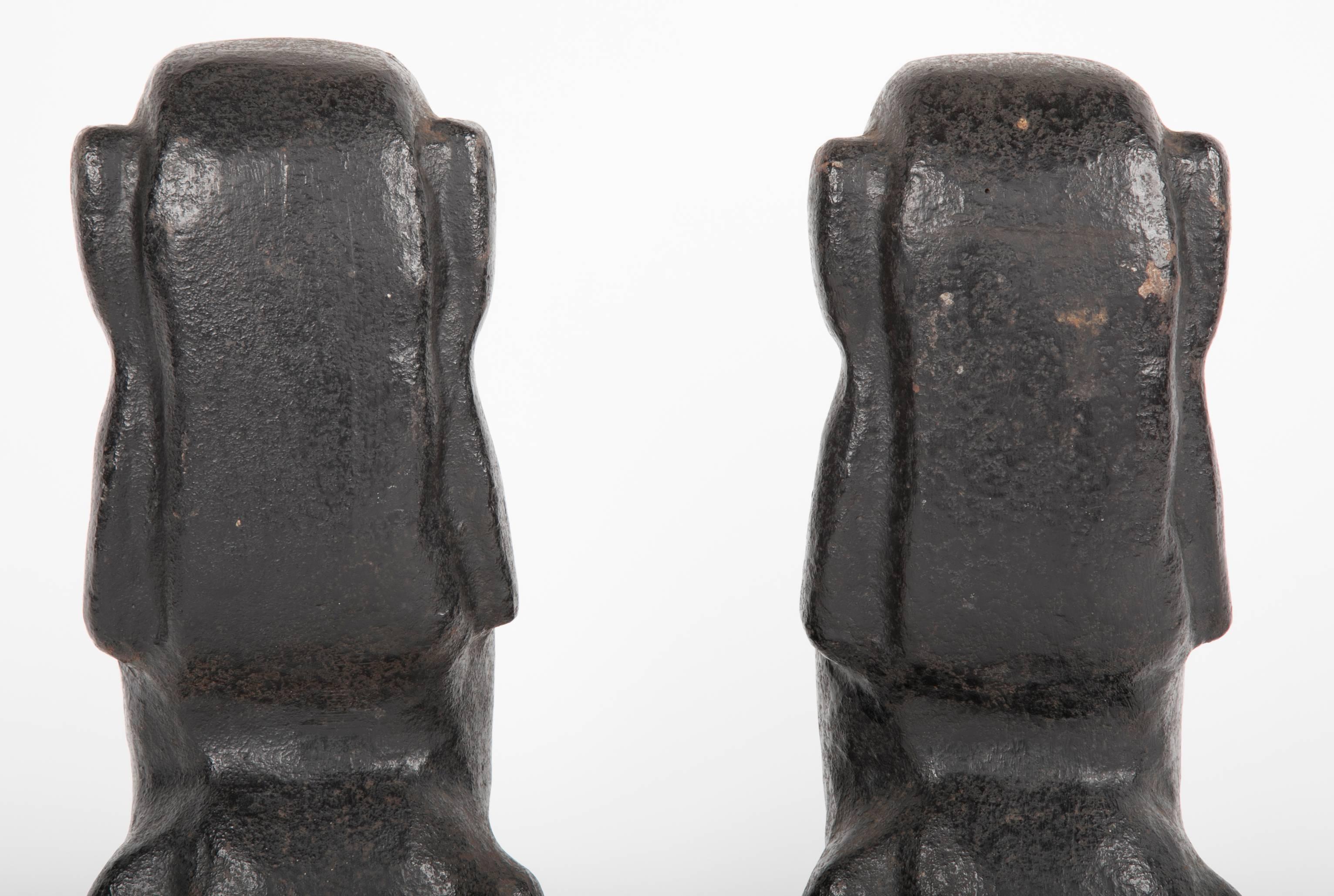 20th Century Cast Iron Andirons in the Form of the Easter Islands Stone Statues For Sale 3