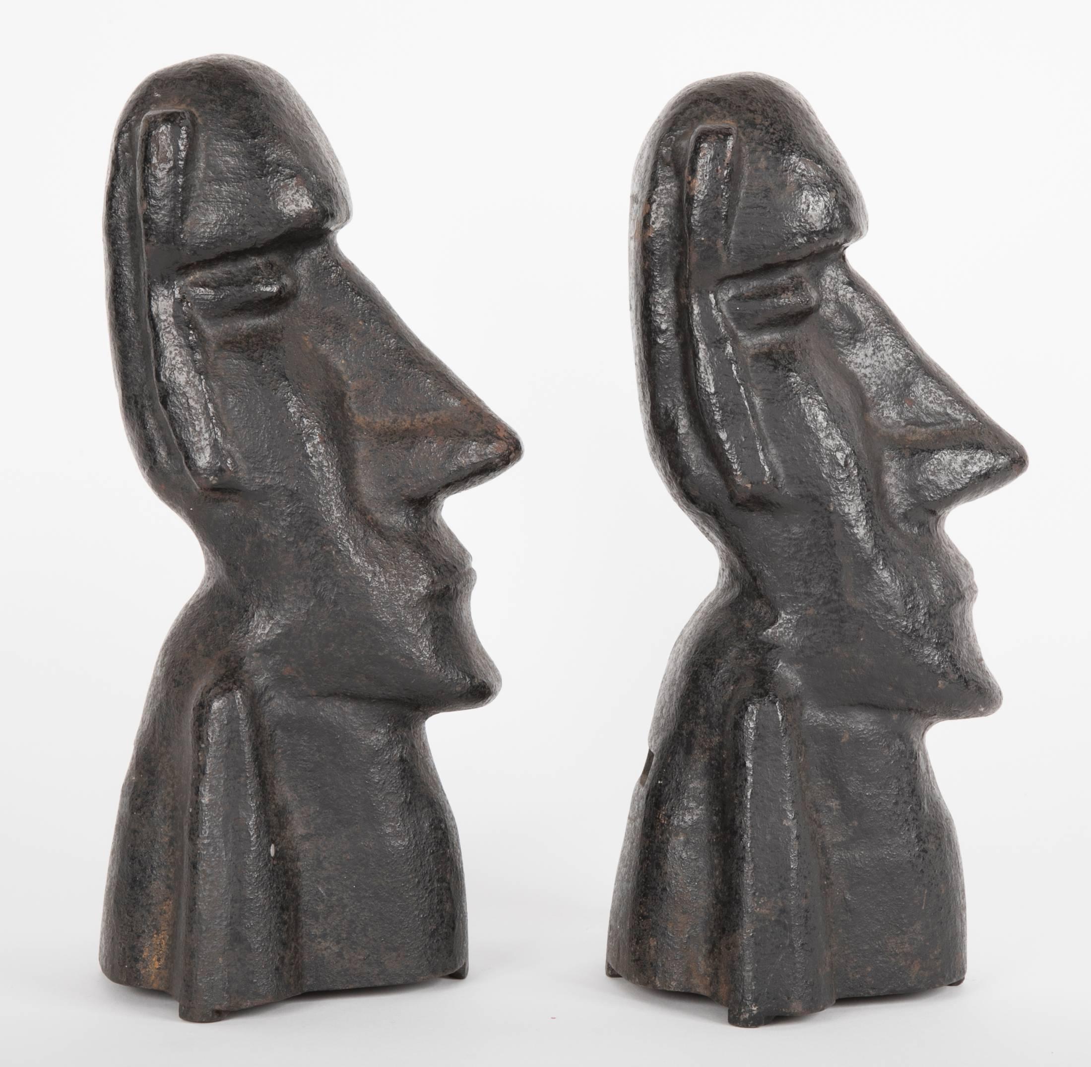 20th Century Cast Iron Andirons in the Form of the Easter Islands Stone Statues For Sale 4