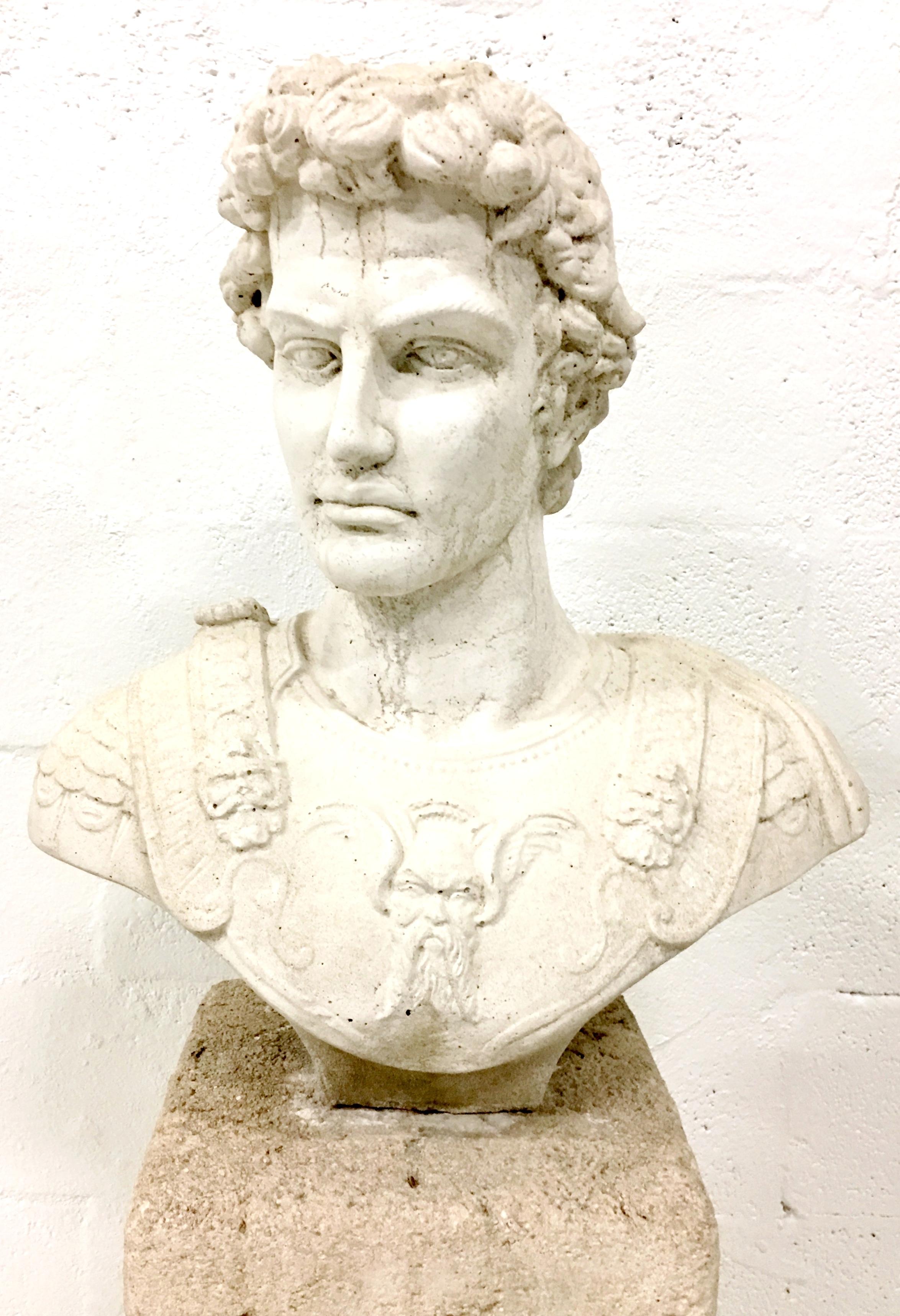 Classical Roman 20th Century Cast Stone Carved Life Size Bust of Caesar & Pedestal
