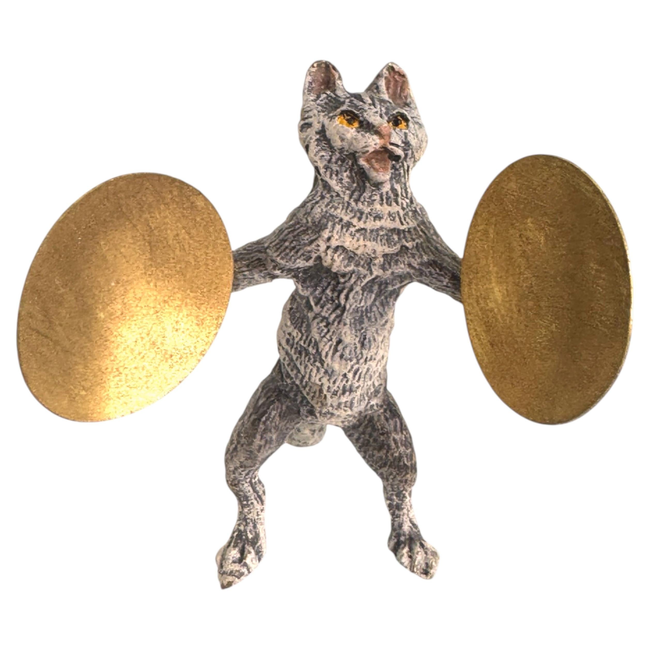 20th Century Cat Musician playing Cymbal Austrian Vienna Bronze Miniature Figure