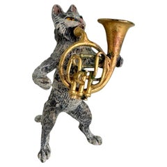 20th Century Cat Musician playing Horn Austrian Vienna Bronze Miniature Figure