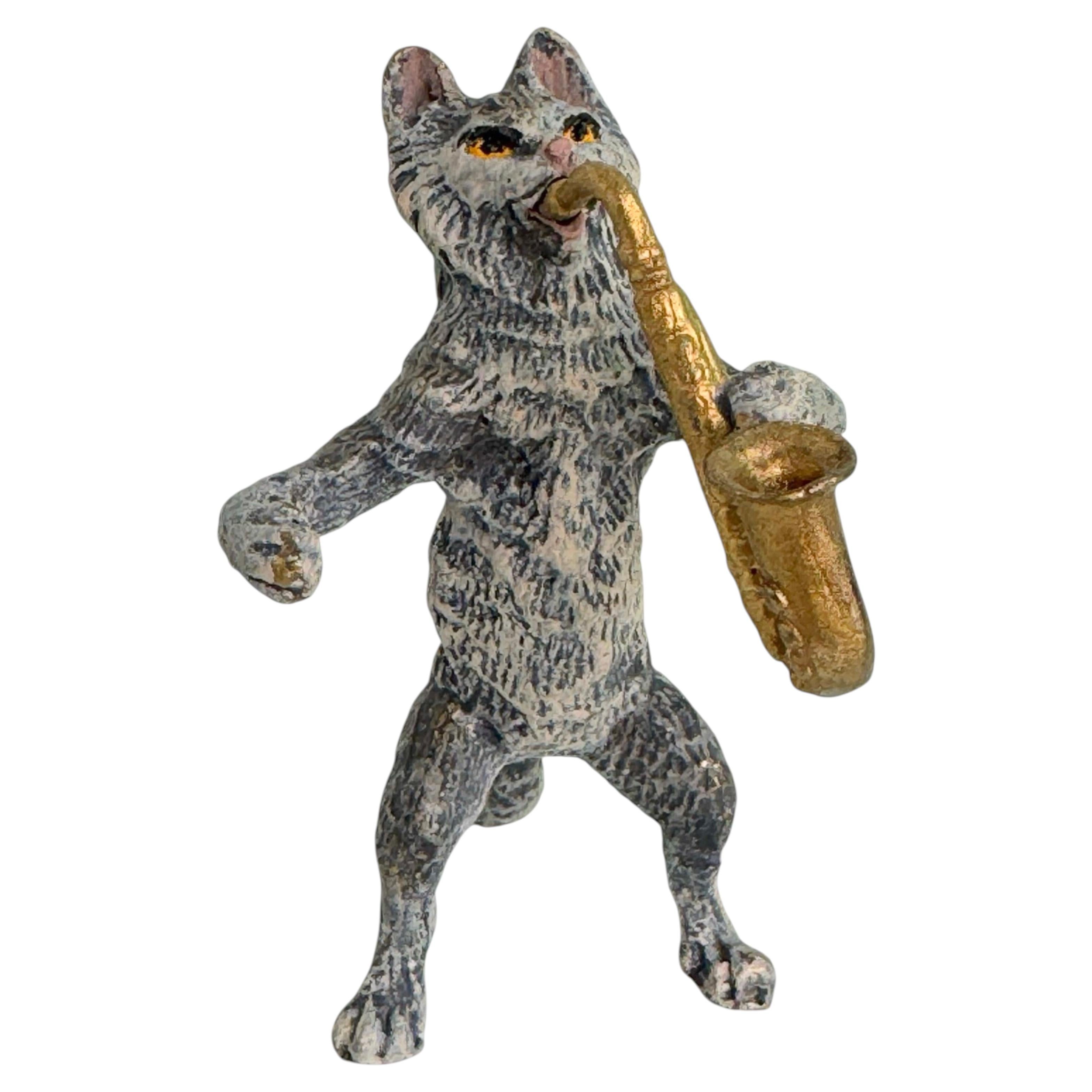 20th Century Cat Musician with Sacophone Austrian Vienna Bronze Miniature Figure For Sale