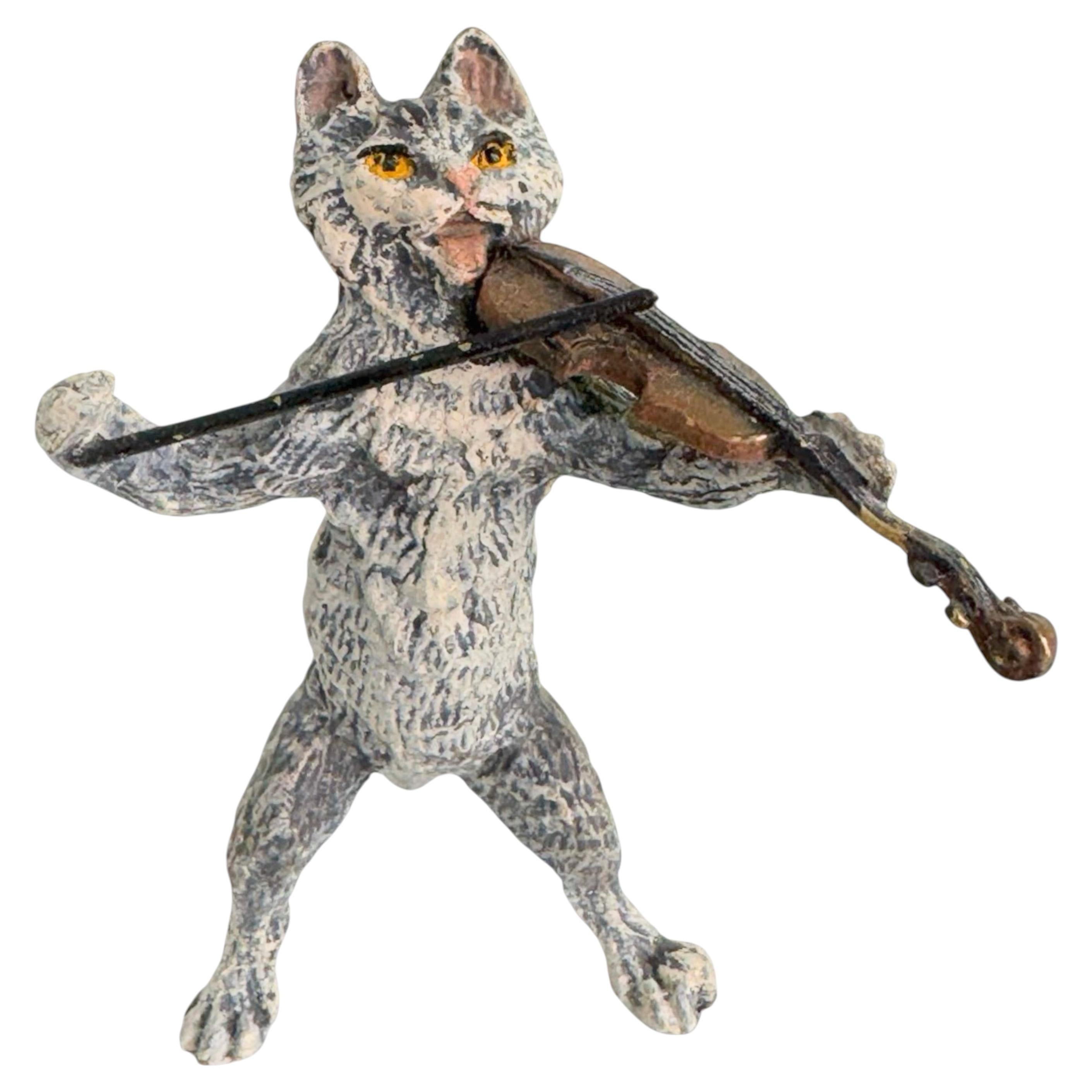 20th Century Cat Musician with Violin Austrian Vienna Bronze Miniature Figure For Sale