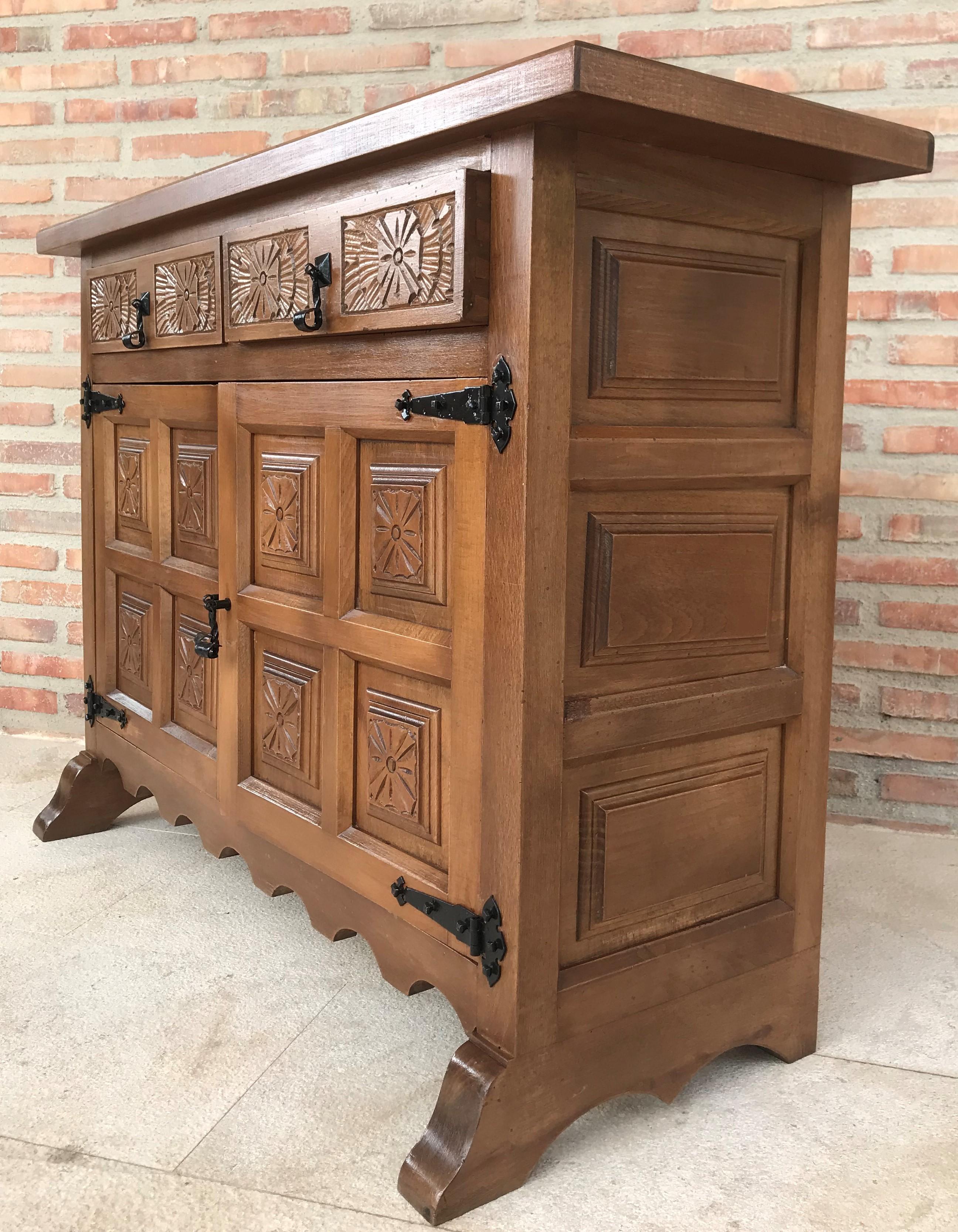 Mid-20th Century 20th Century Catalan Baroque Carved Walnut Tuscan Two Drawers Credenza or Buffet