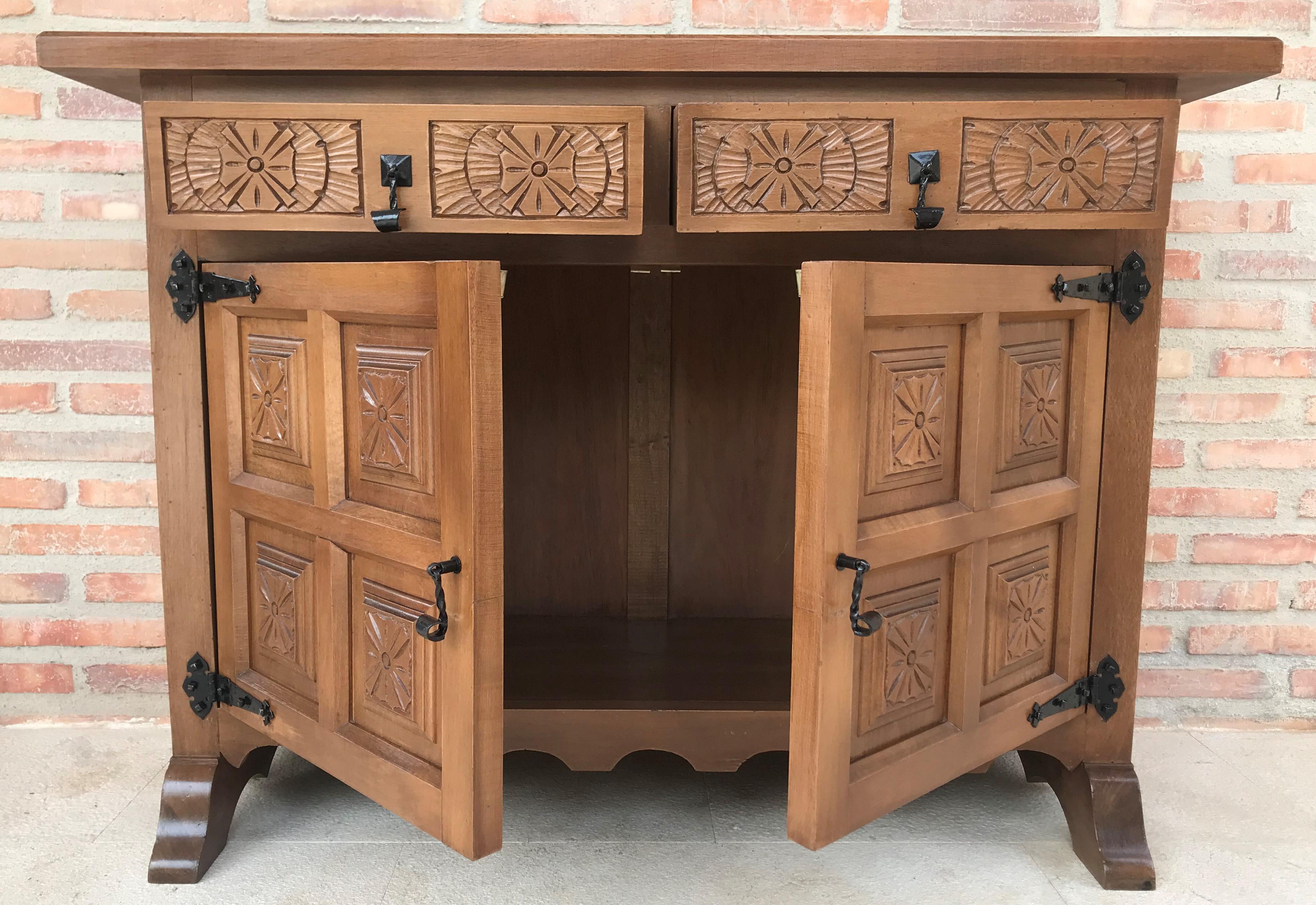 20th Century Catalan Baroque Carved Walnut Tuscan Two Drawers Credenza or Buffet 2