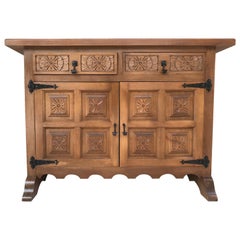 20th Century Catalan Baroque Carved Walnut Tuscan Two Drawers Credenza or Buffet