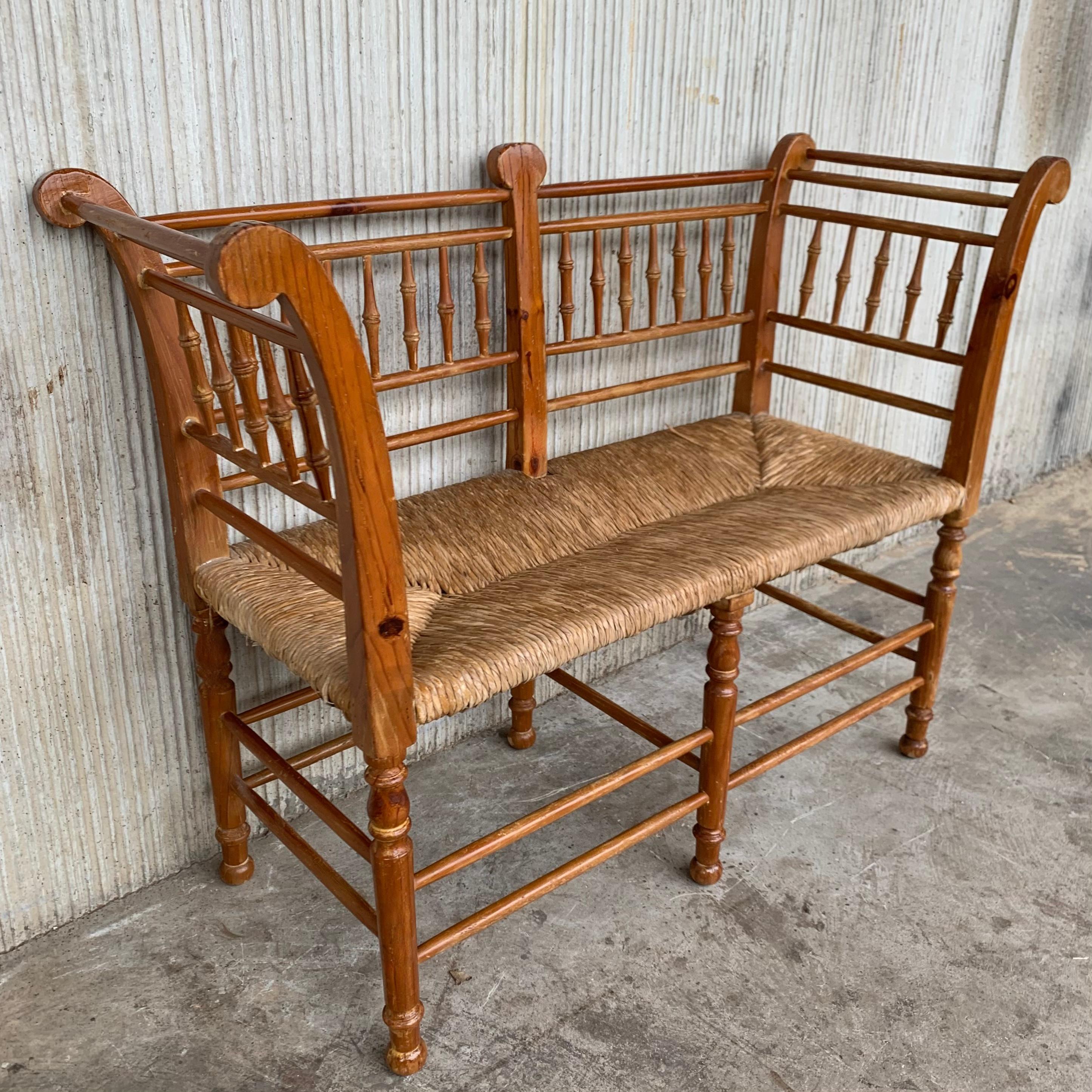 Spanish Colonial 20th Century Catalan Bench in Antique Pine with Caned Seat