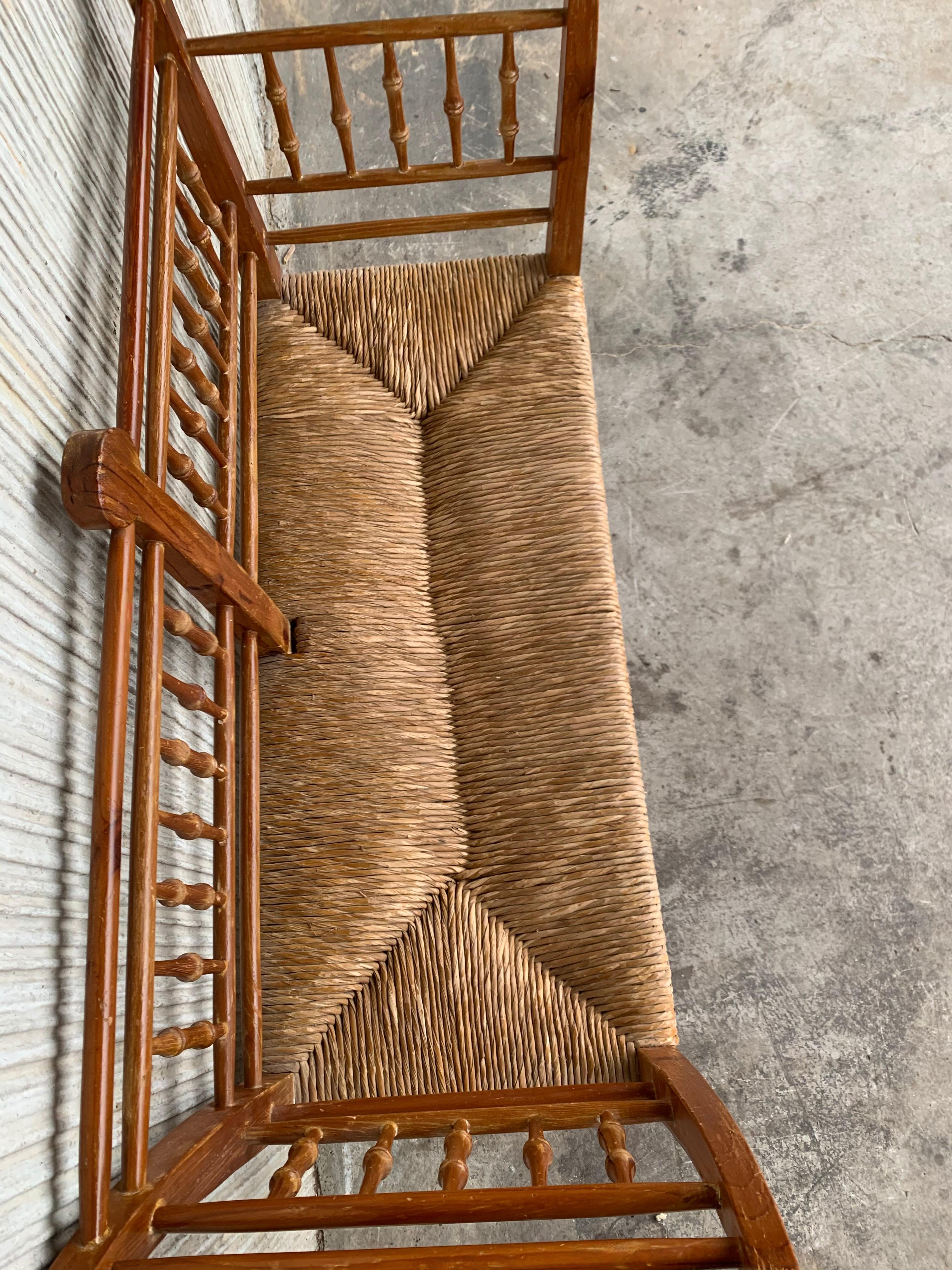 Spanish 20th Century Catalan Bench in Antique Pine with Caned Seat