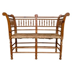 20th Century Catalan Bench in Antique Pine with Caned Seat