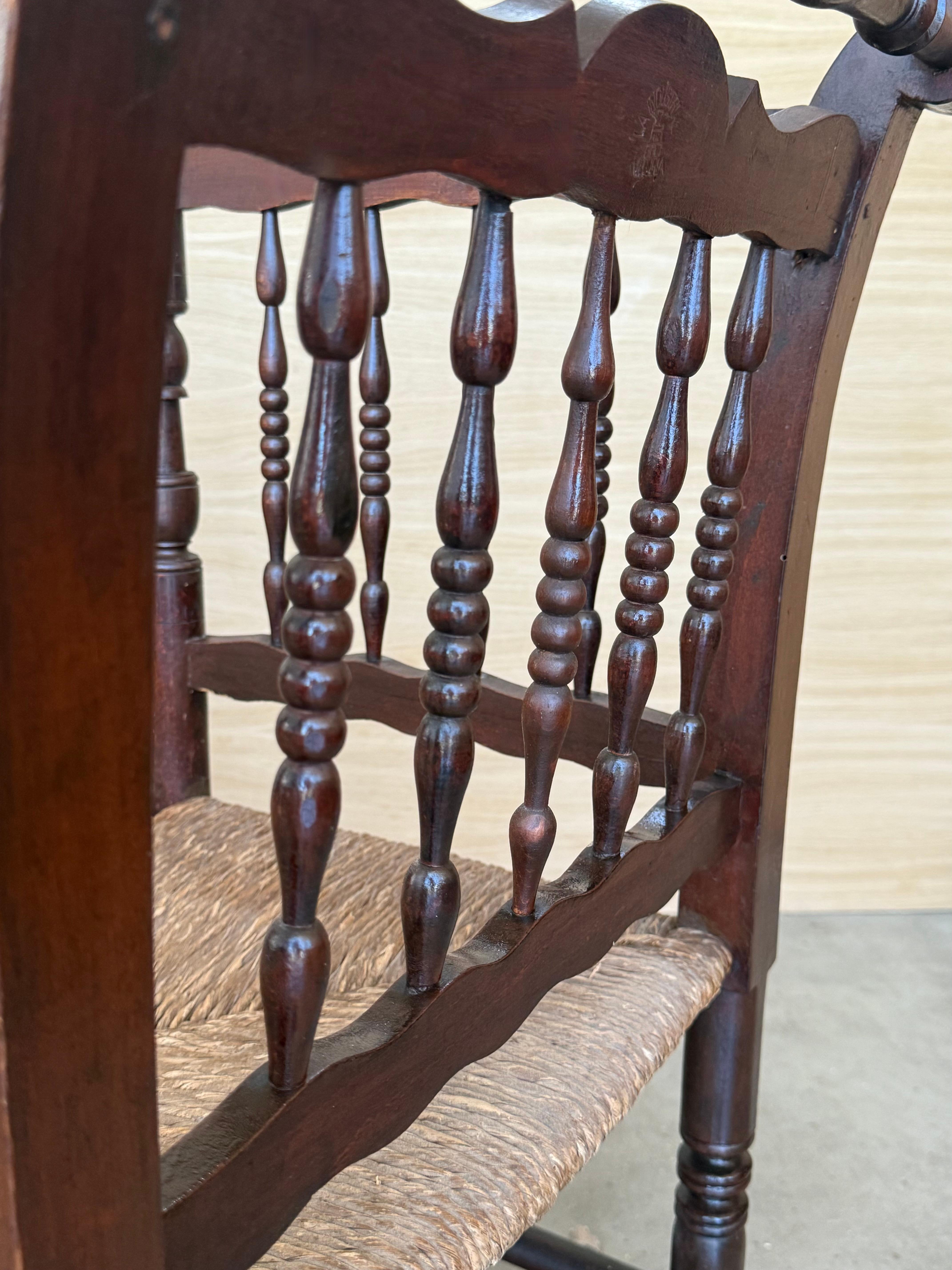 20th Century Catalan Bench in Solid Walnut with Caned Seat, Three Seats For Sale 4
