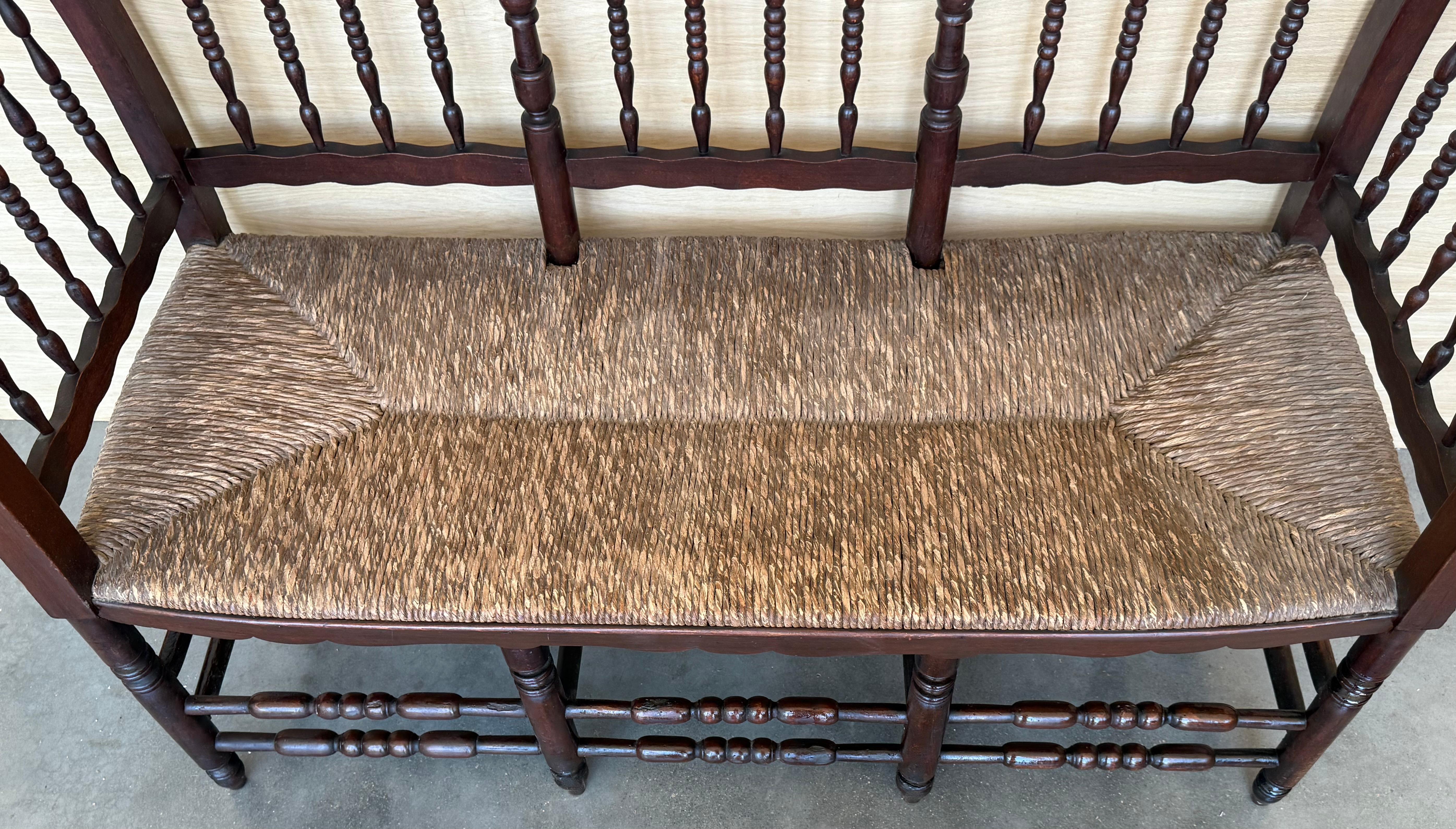 20th Century Catalan Bench in Solid Walnut with Caned Seat, Three Seats For Sale 5