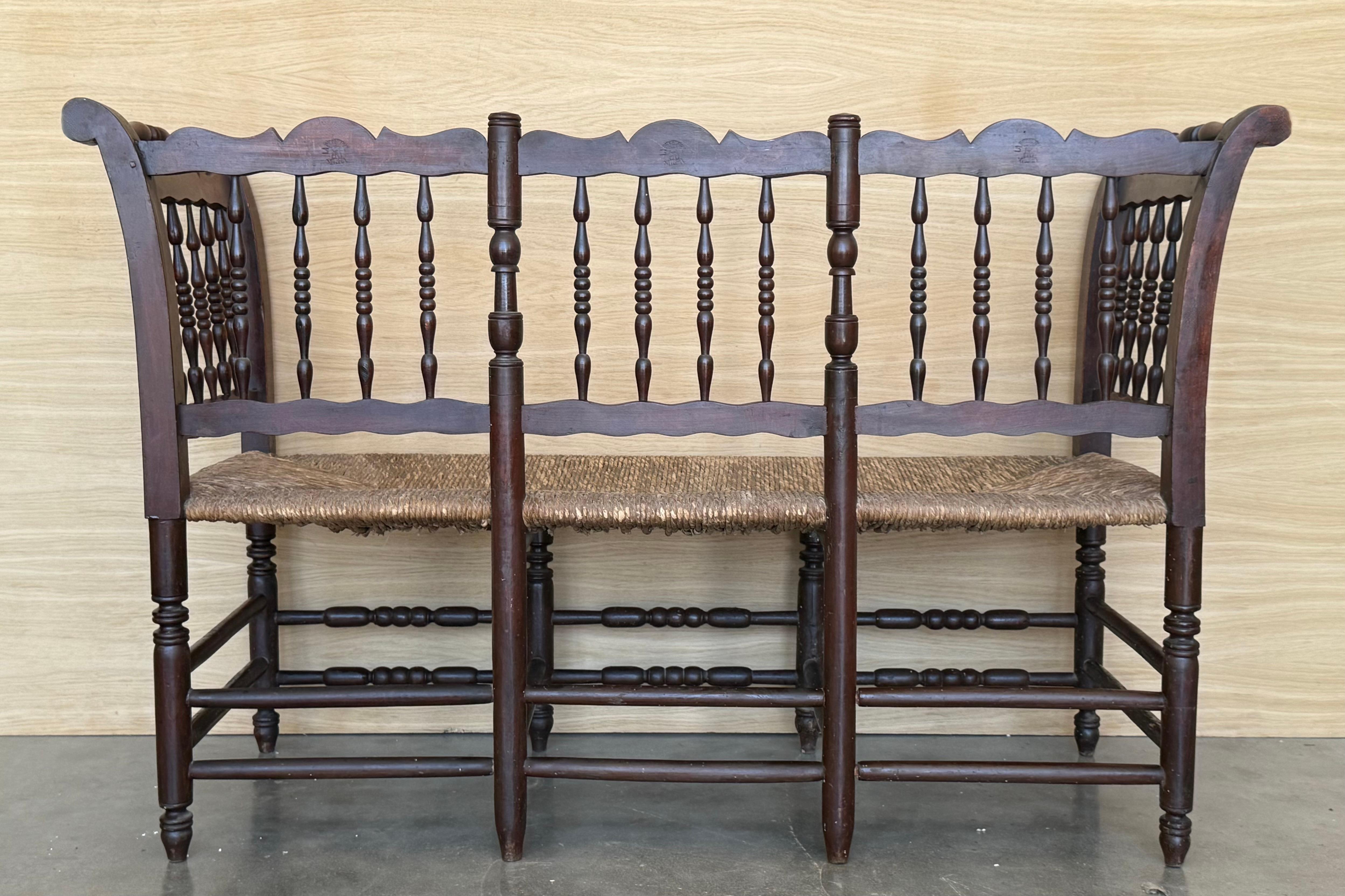 20th Century Catalan Bench in Solid Walnut with Caned Seat, Three Seats For Sale 7