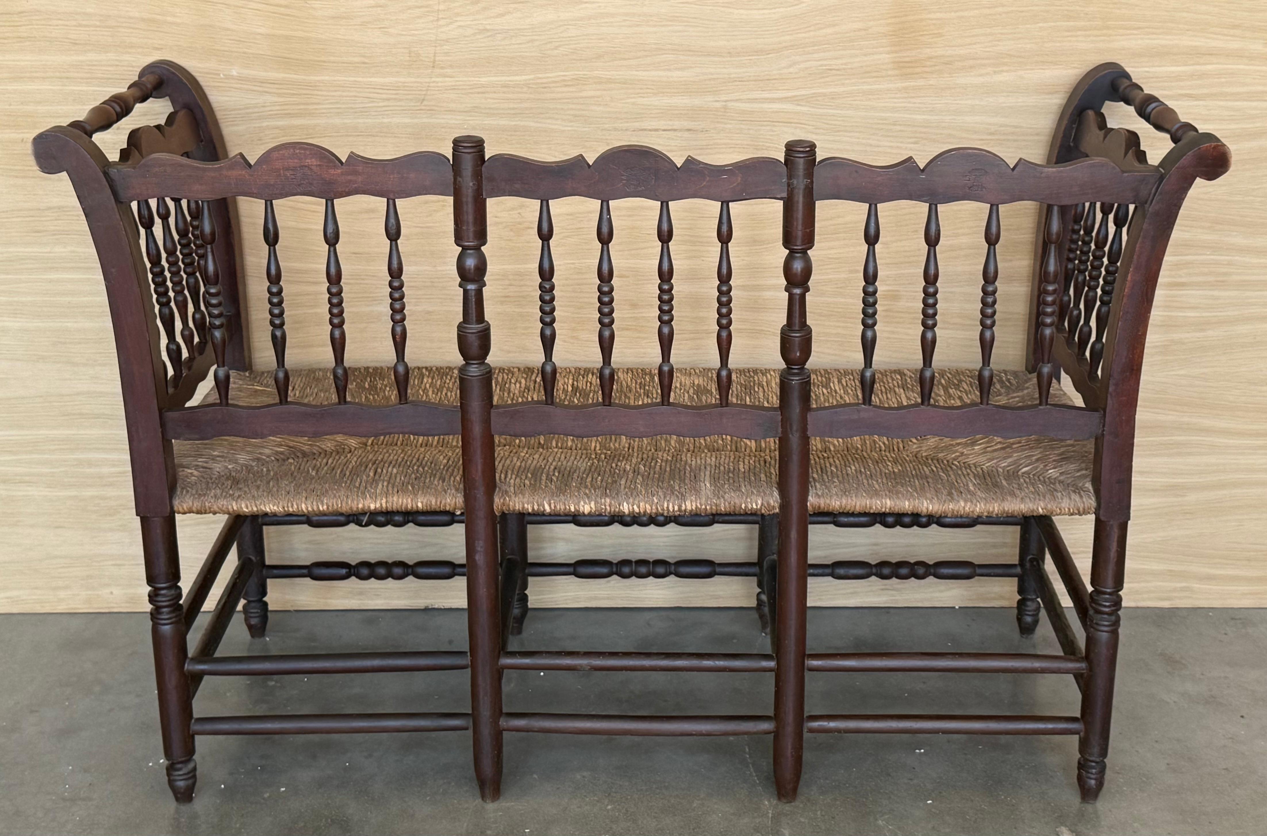 20th Century Catalan Bench in Solid Walnut with Caned Seat, Three Seats For Sale 8