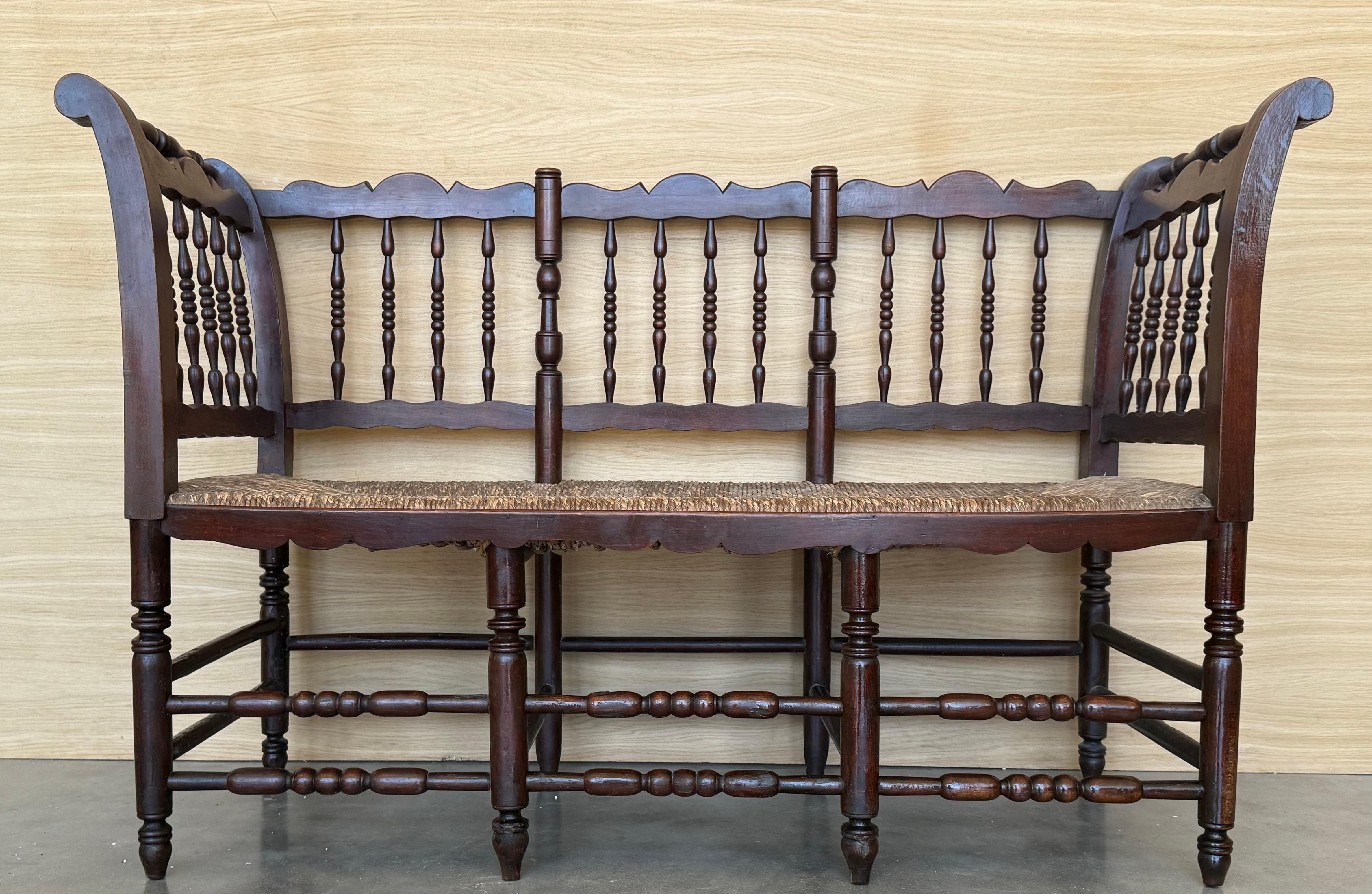 Spanish Colonial 20th Century Catalan Bench in Solid Walnut with Caned Seat, Three Seats For Sale
