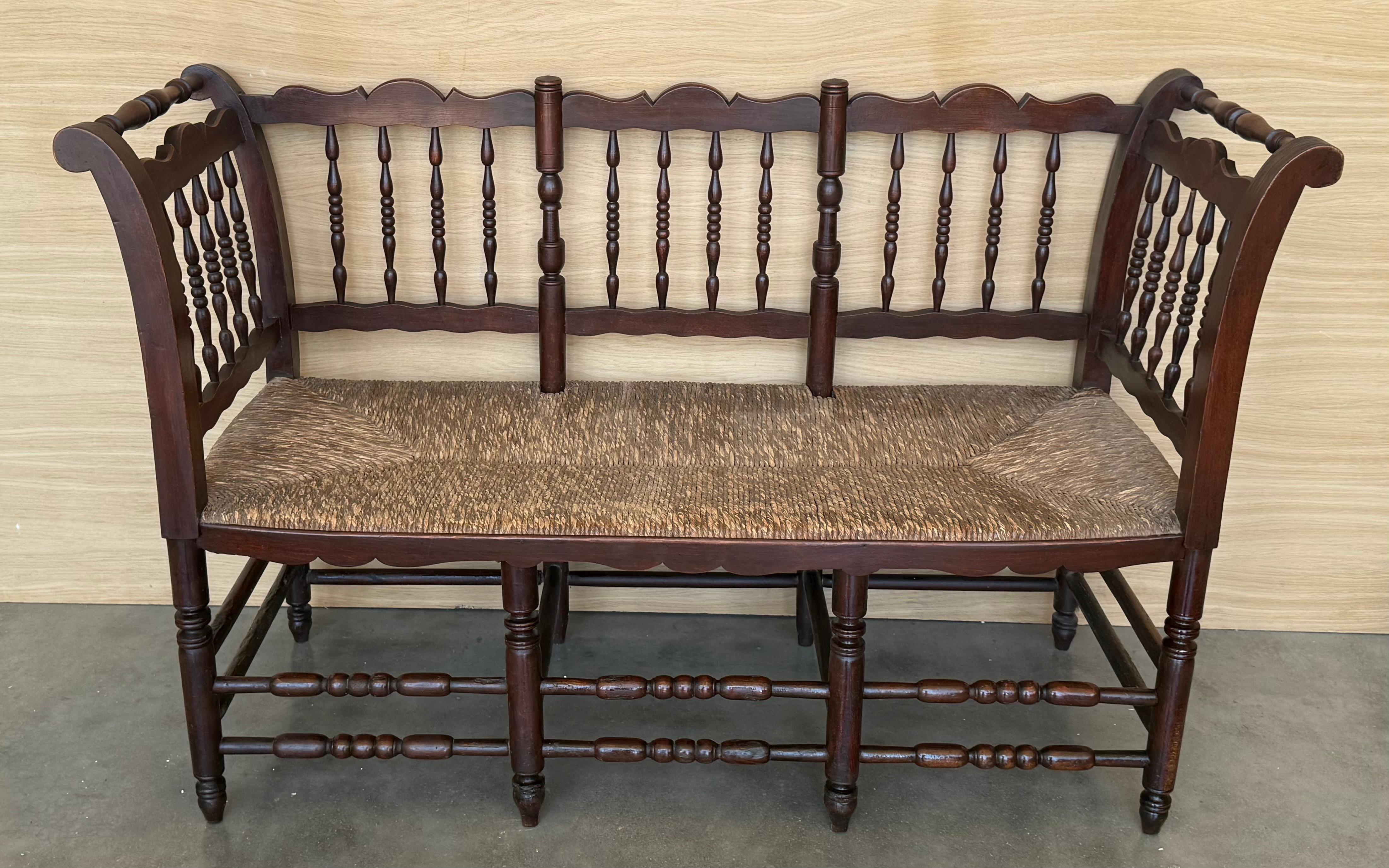 Spanish 20th Century Catalan Bench in Solid Walnut with Caned Seat, Three Seats For Sale