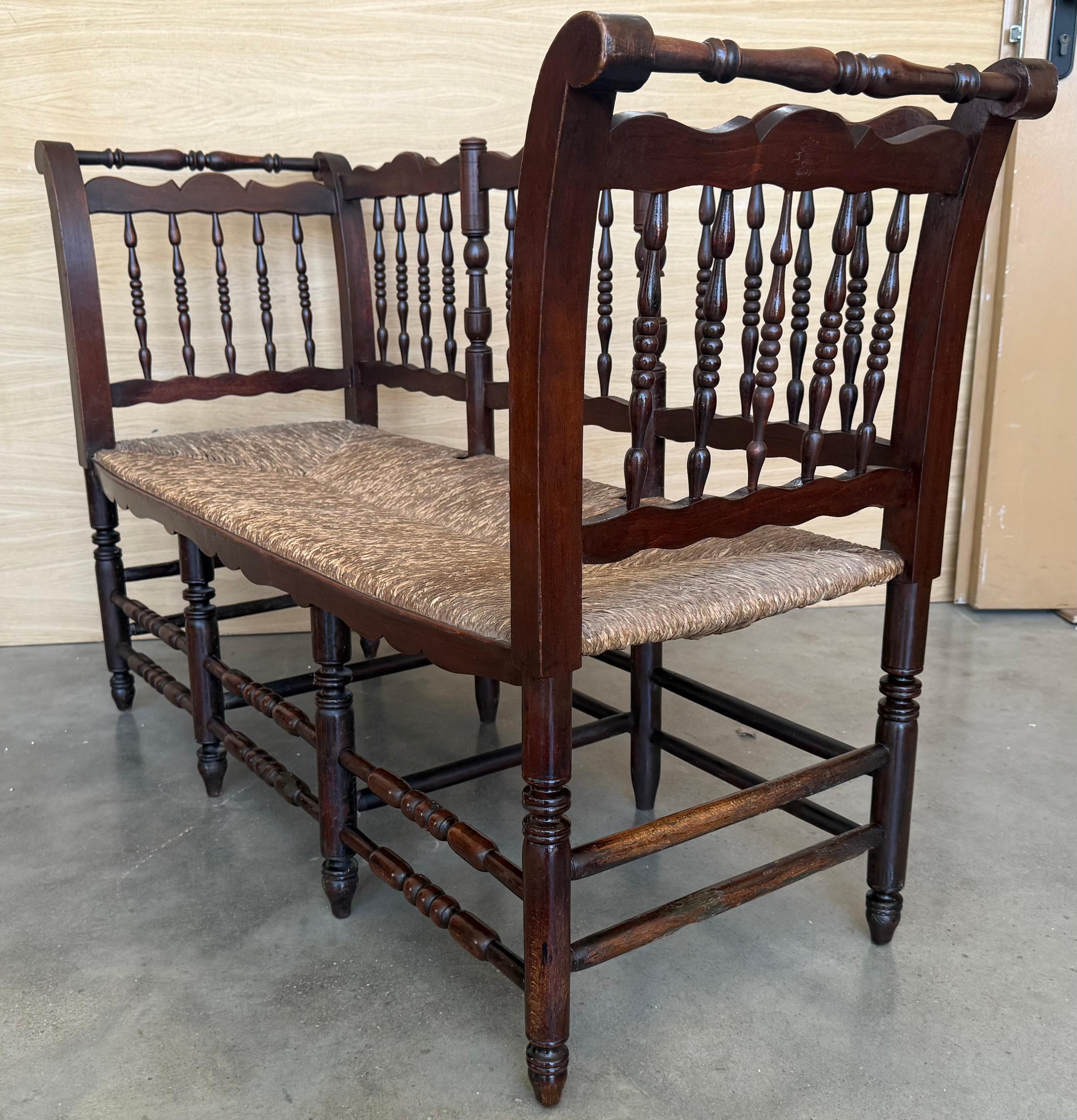 20th Century Catalan Bench in Solid Walnut with Caned Seat, Three Seats In Good Condition For Sale In Miami, FL