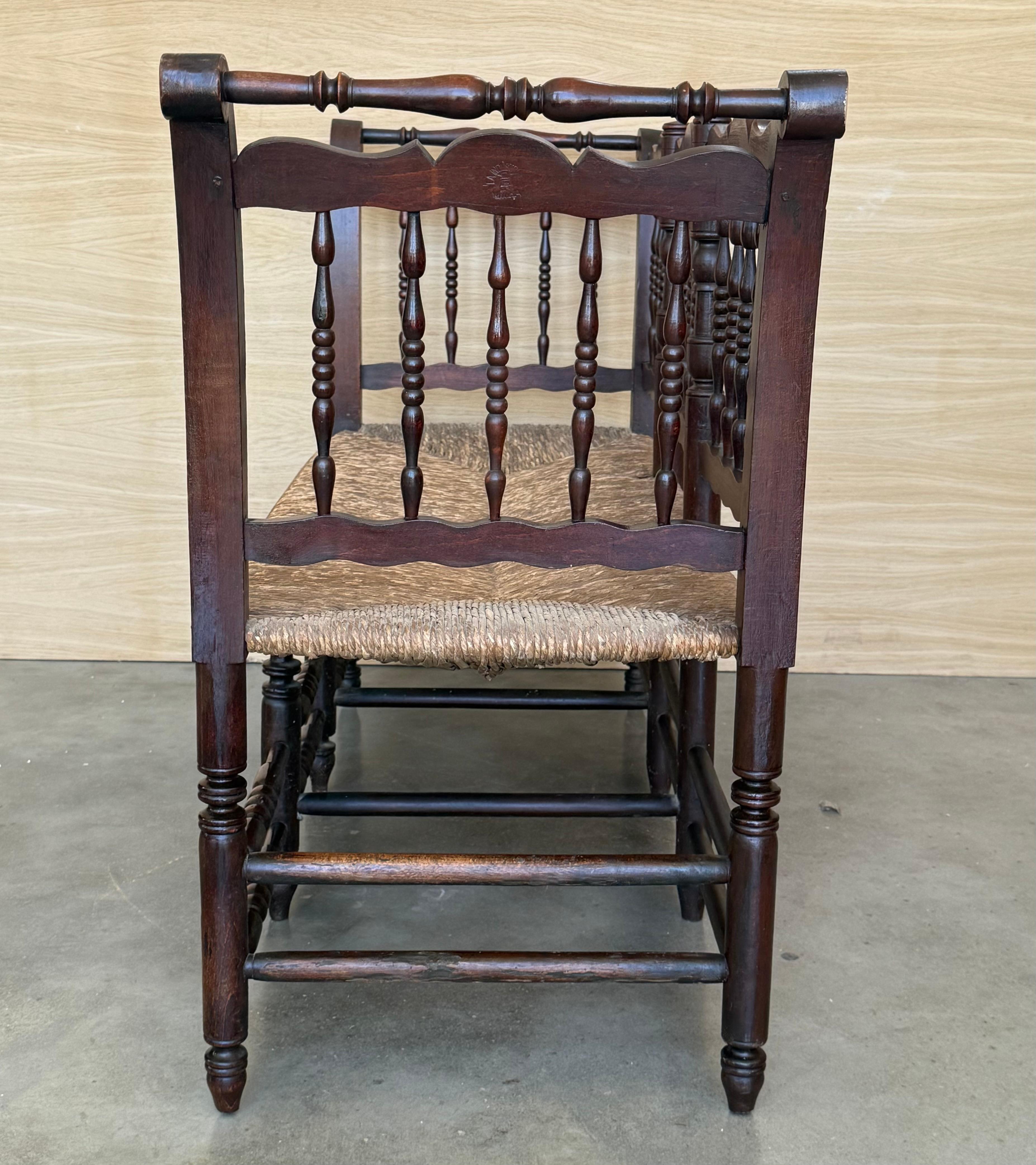 20th Century Catalan Bench in Solid Walnut with Caned Seat, Three Seats For Sale 1