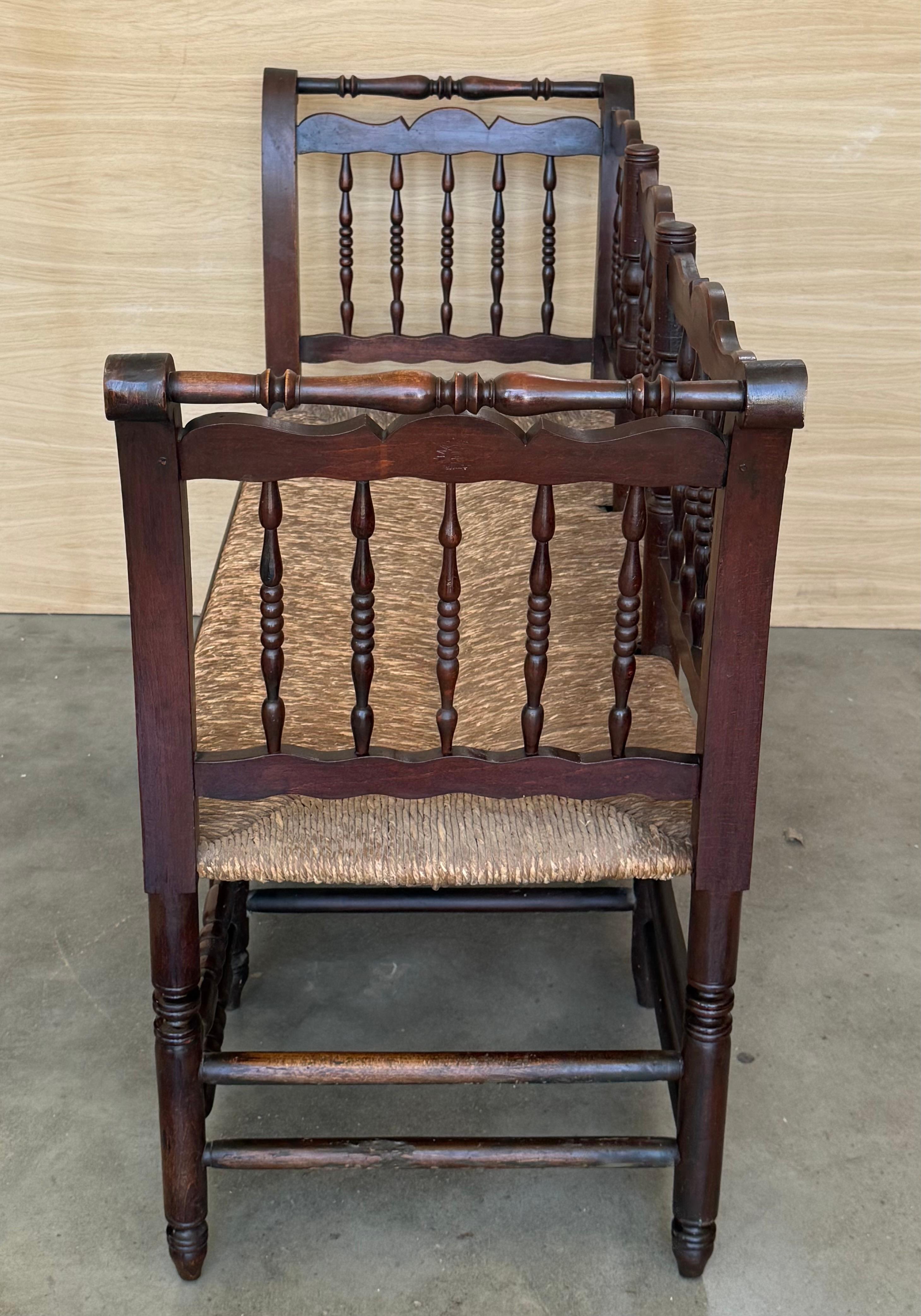 20th Century Catalan Bench in Solid Walnut with Caned Seat, Three Seats For Sale 2