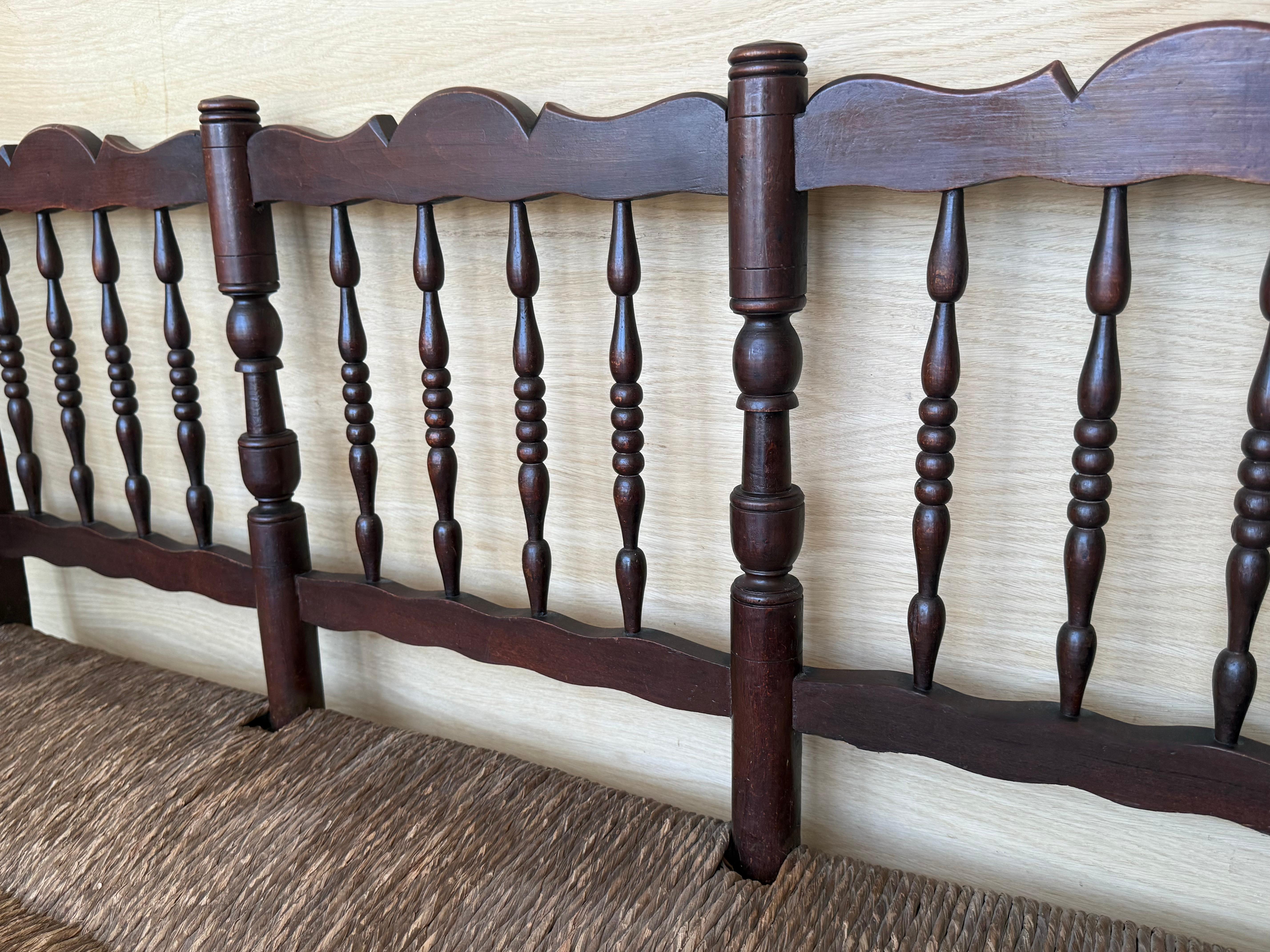 20th Century Catalan Bench in Solid Walnut with Caned Seat, Three Seats For Sale 3