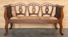 20th Century Catalan Bench in Walnut with Caned Seat