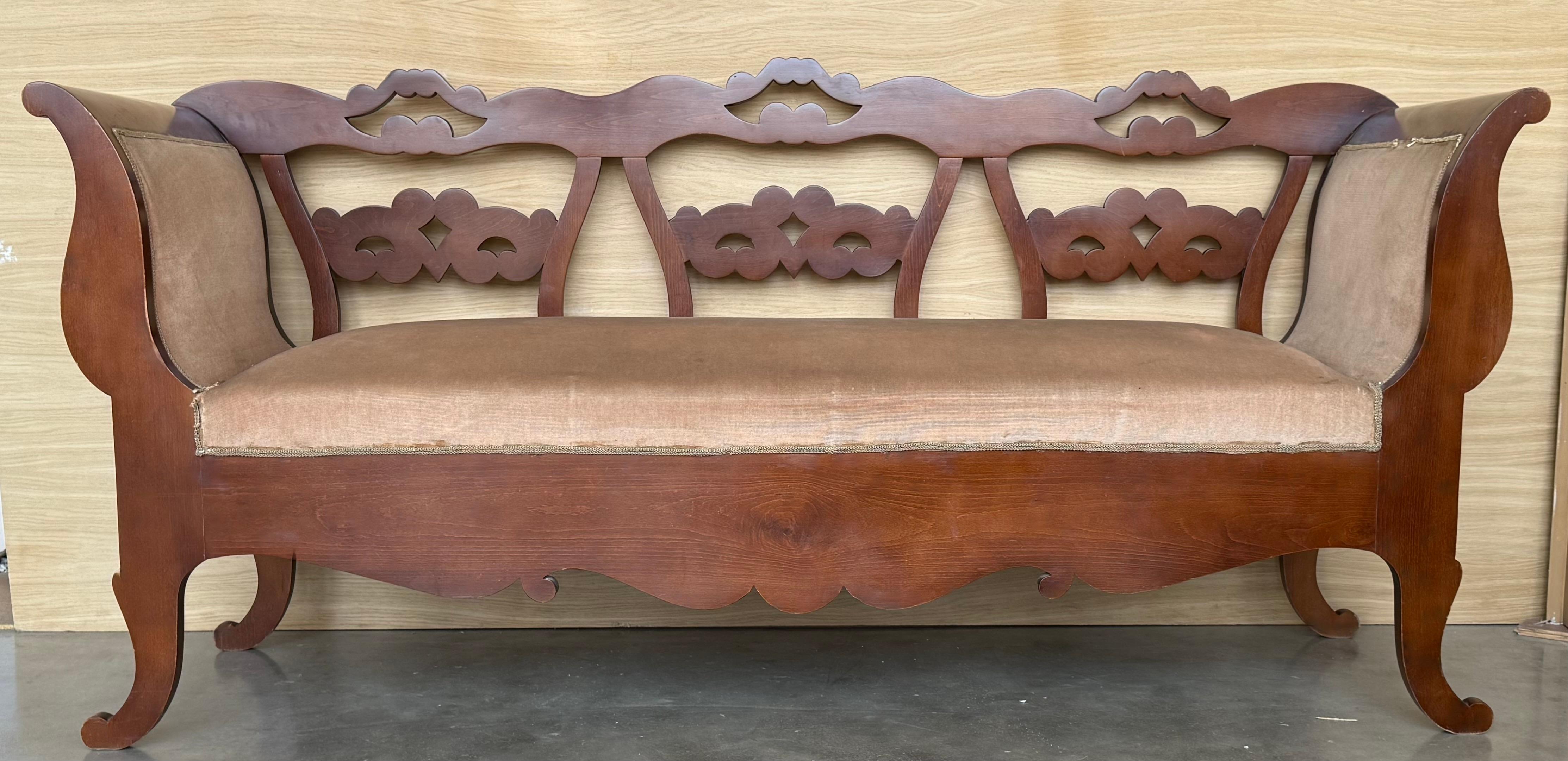 Spanish Colonial 20th Century Catalan Bench in Walnut with Upholstered Seat and Arms For Sale