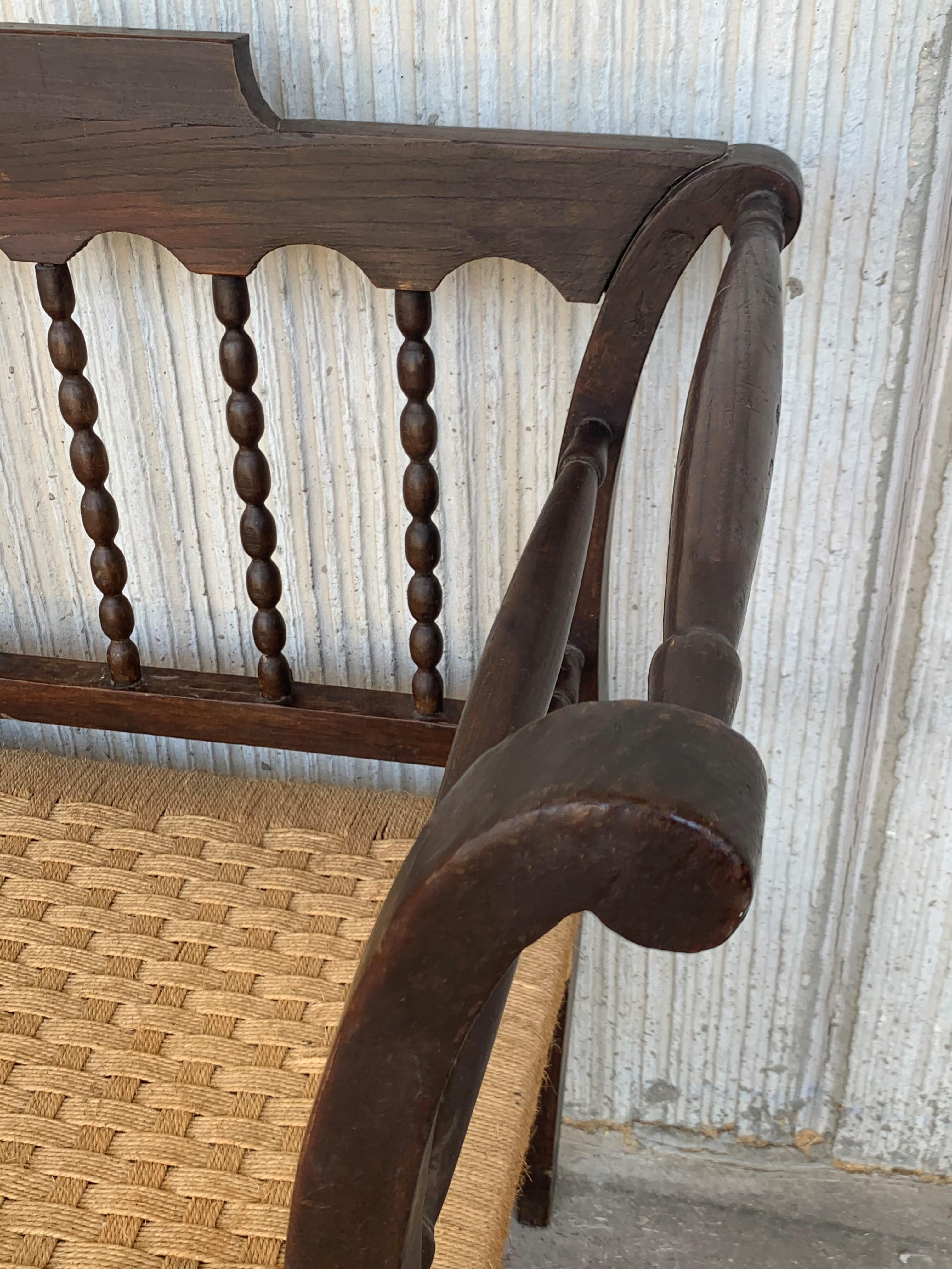 Spanish Colonial 20th Century Catalan Bench in Walnut with Caned Seat