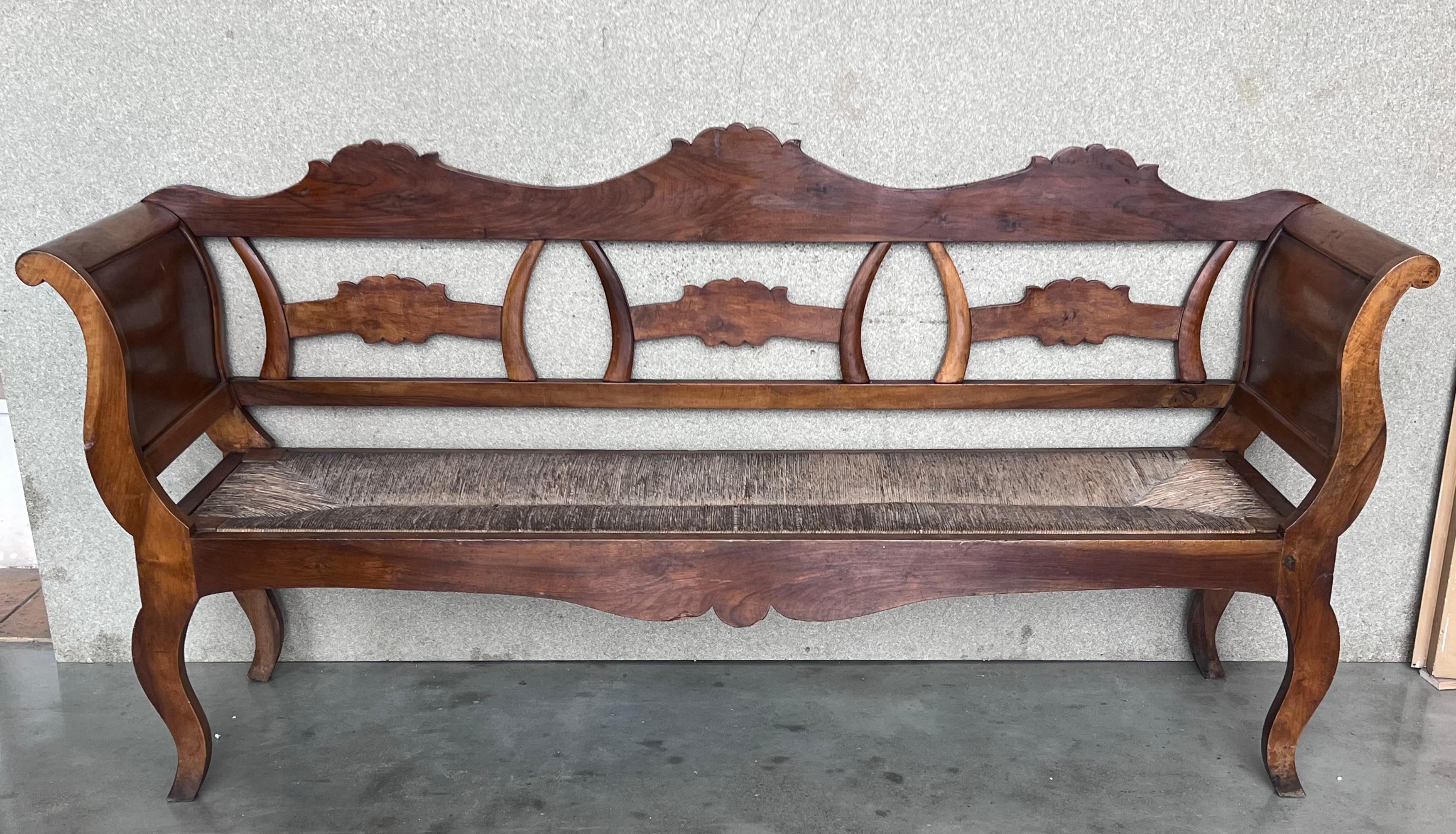 Spanish 20th Century Catalan Bench in Walnut with Caned Seat For Sale