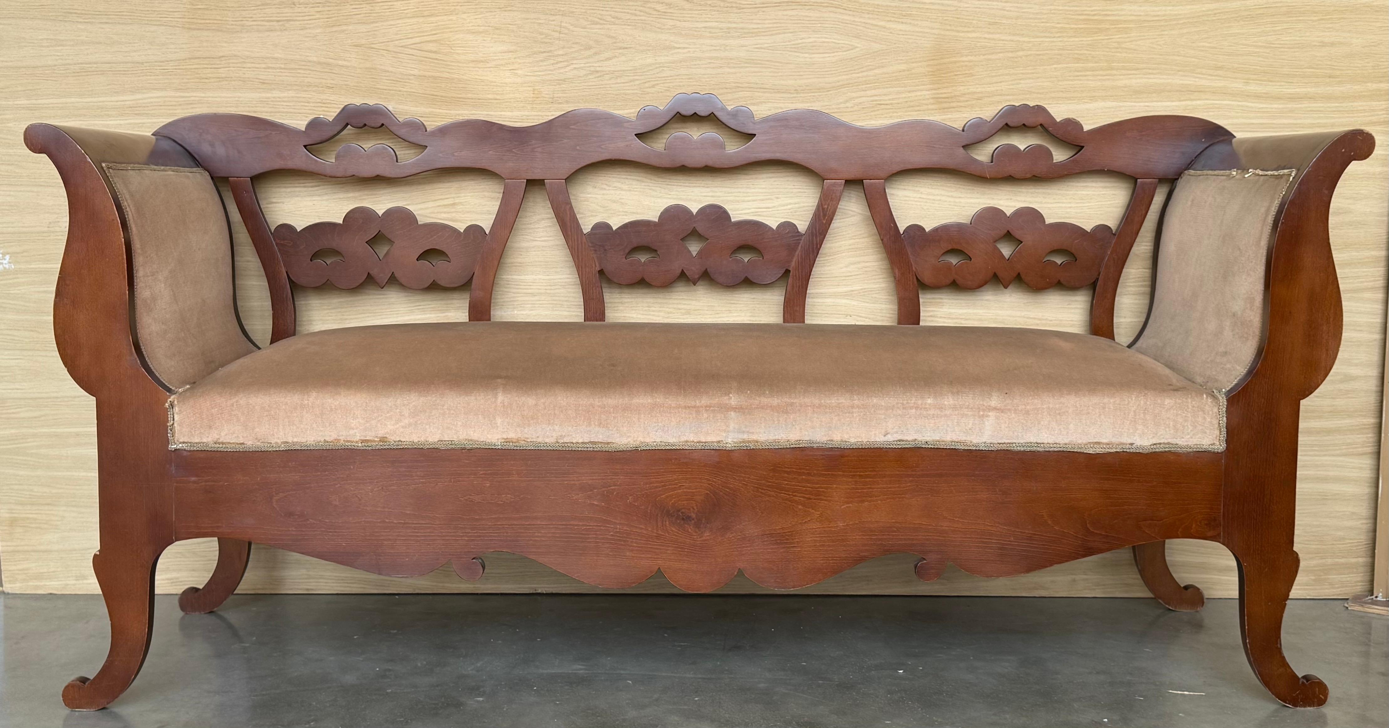 Spanish 20th Century Catalan Bench in Walnut with Upholstered Seat and Arms For Sale