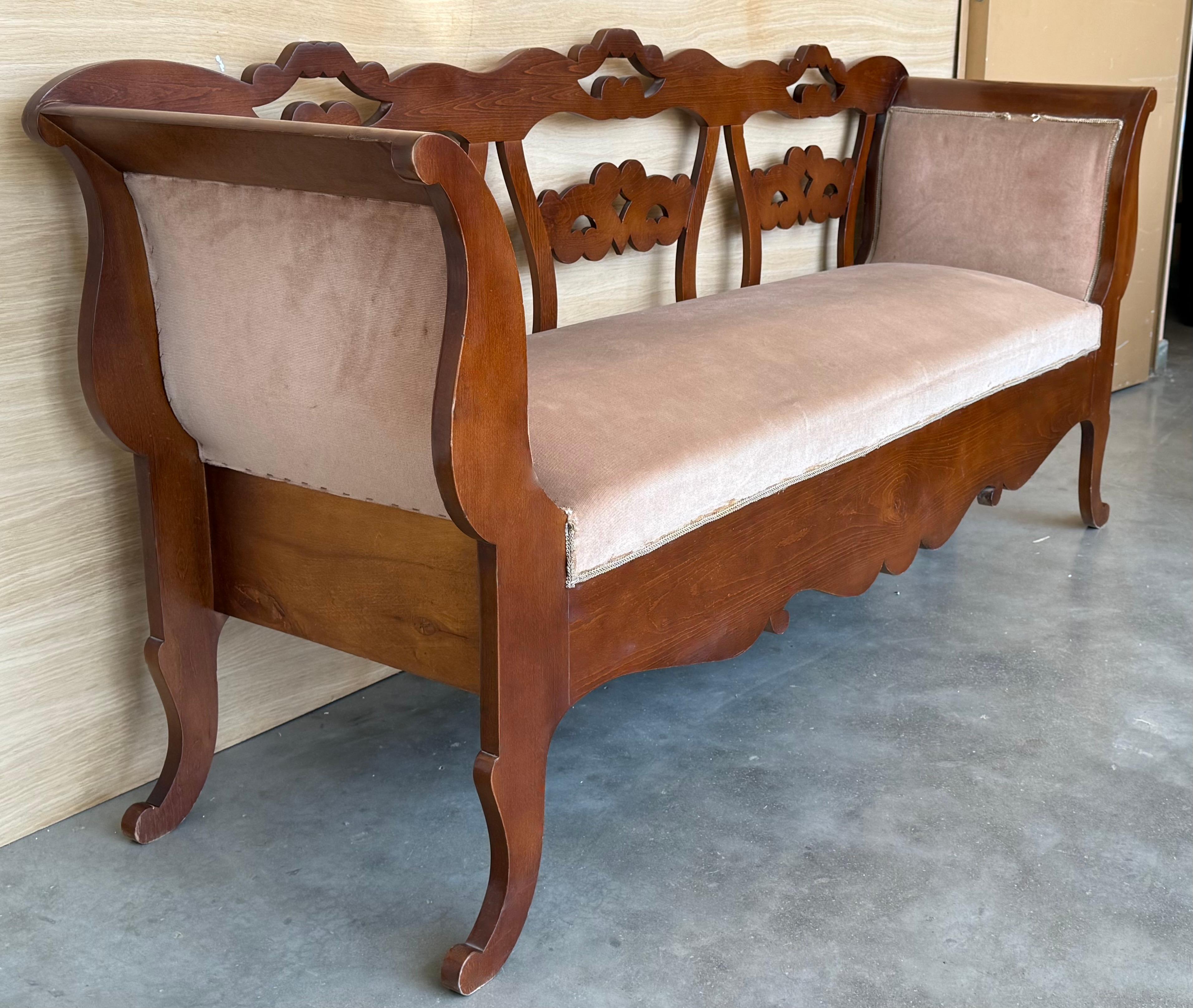 19th Century 20th Century Catalan Bench in Walnut with Upholstered Seat and Arms For Sale