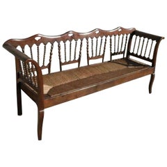 Antique 20th Century Catalan Bench in Walnut with Caned Seat