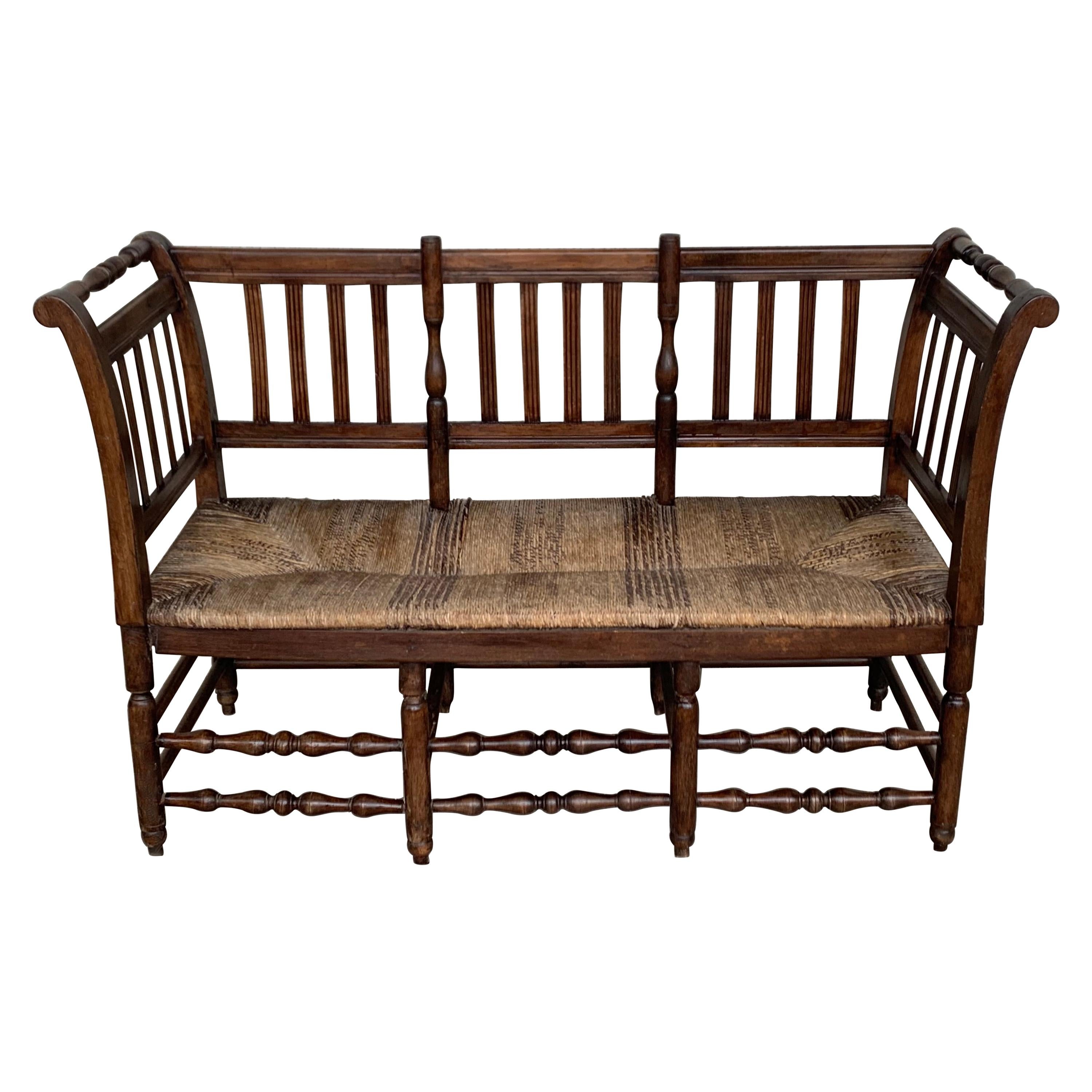 20th Century Catalan Bench in Walnut with Caned Seat