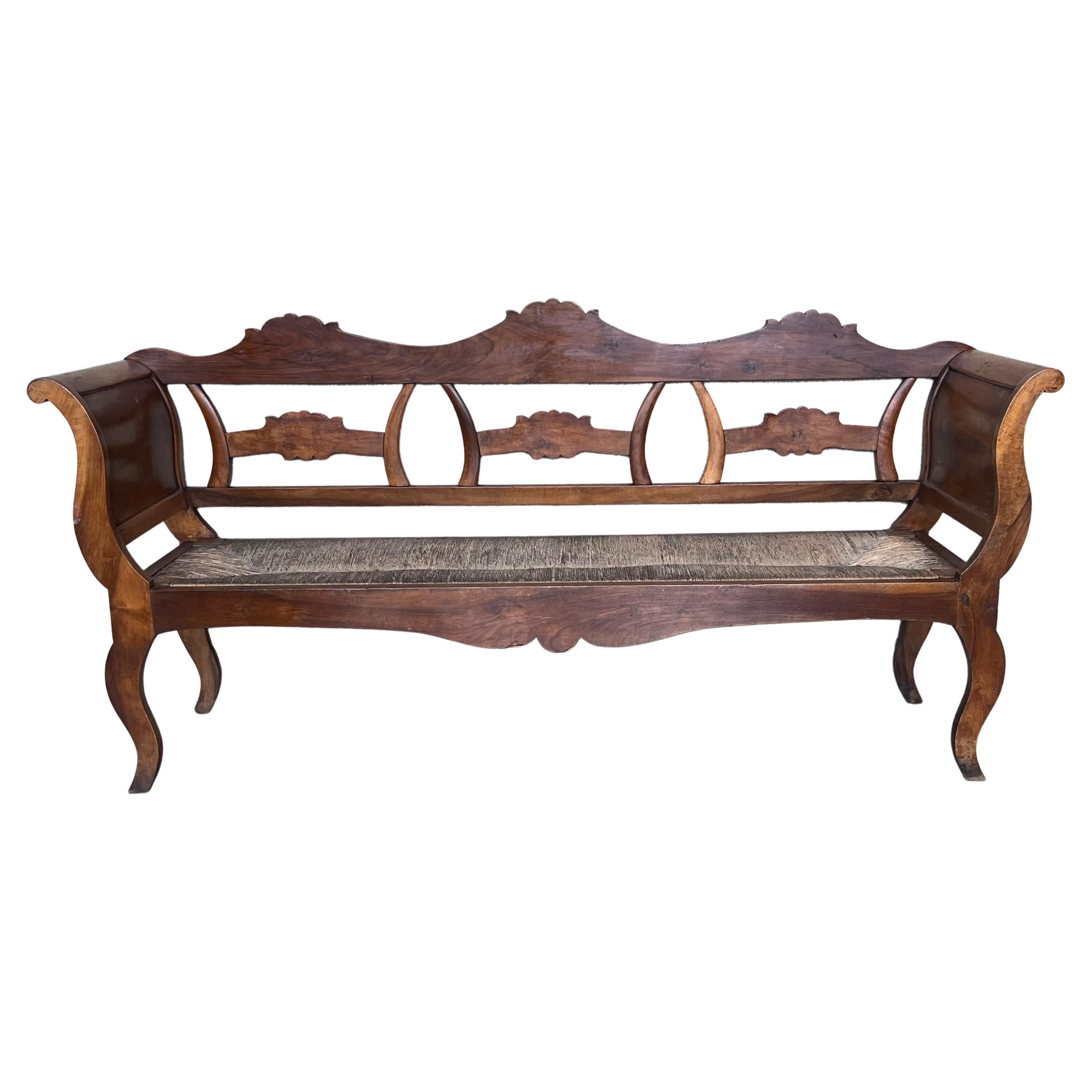 20th Century Catalan Bench in Walnut with Caned Seat For Sale