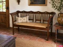 20th Century Catalan Bench in Walnut with Upholstered Seat and Arms