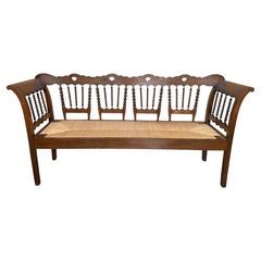 20th Century Catalan Bench in Walnut with Upholstered Seat and Arms