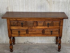 Console espagnole du 20ème siècle en pin ancien, table de canapé à trois tiroirs