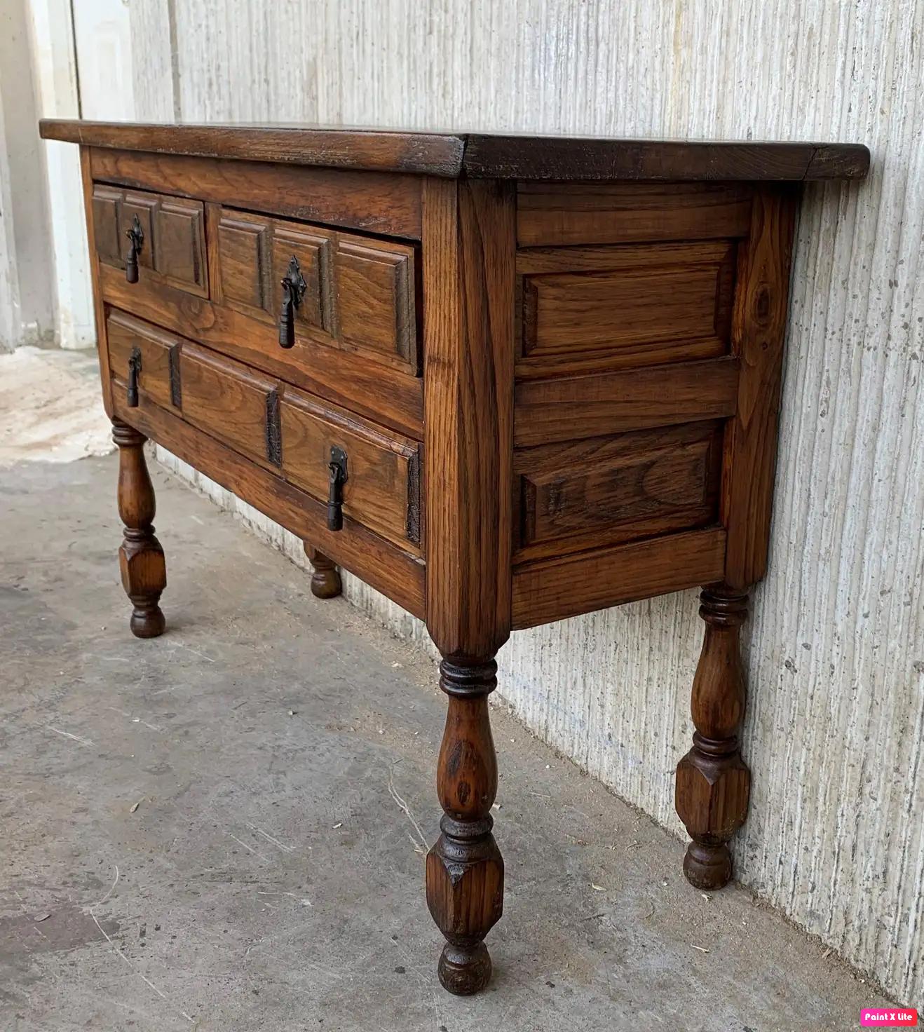 Hand-Carved 20th Century Catalan Spanish Antic Pine Console Sofa Table, Three Drawers For Sale