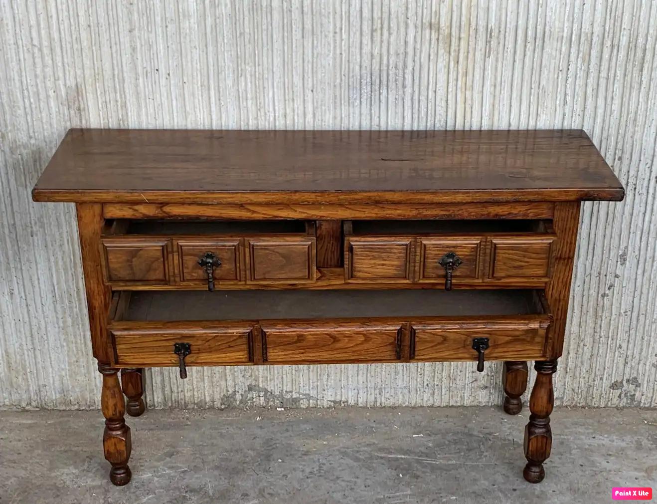 20th Century Catalan Spanish Antic Pine Console Sofa Table, Three Drawers In Good Condition For Sale In Miami, FL