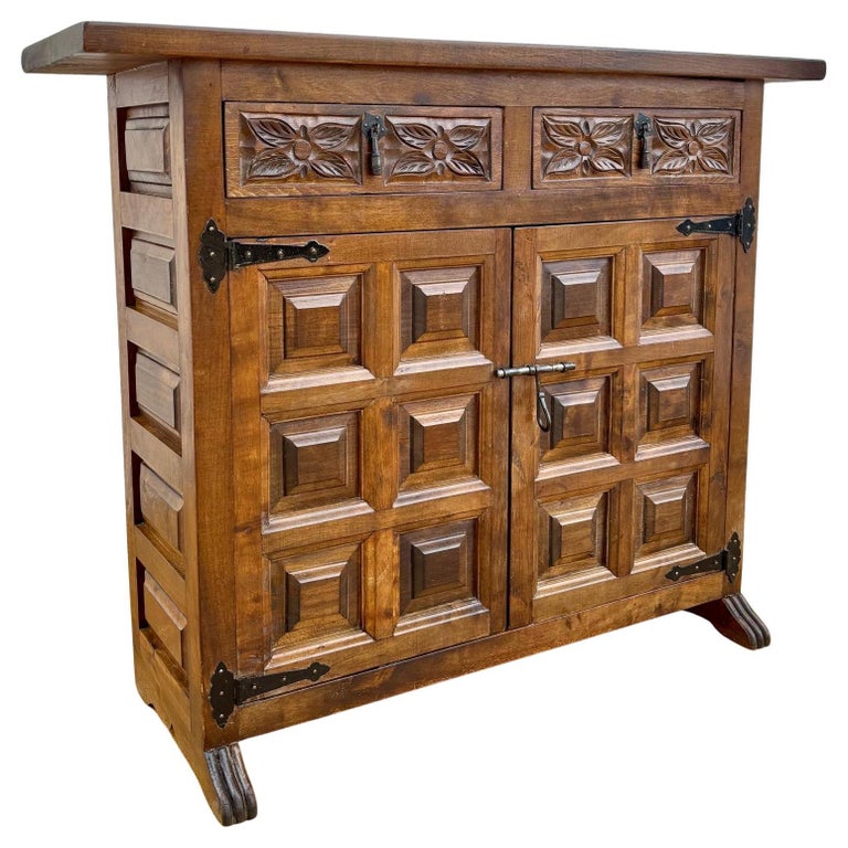 20th Century Cataln Spanish Dresser Carved in Walnut with Two Carved  Drawers, 1 For Sale at 1stDibs