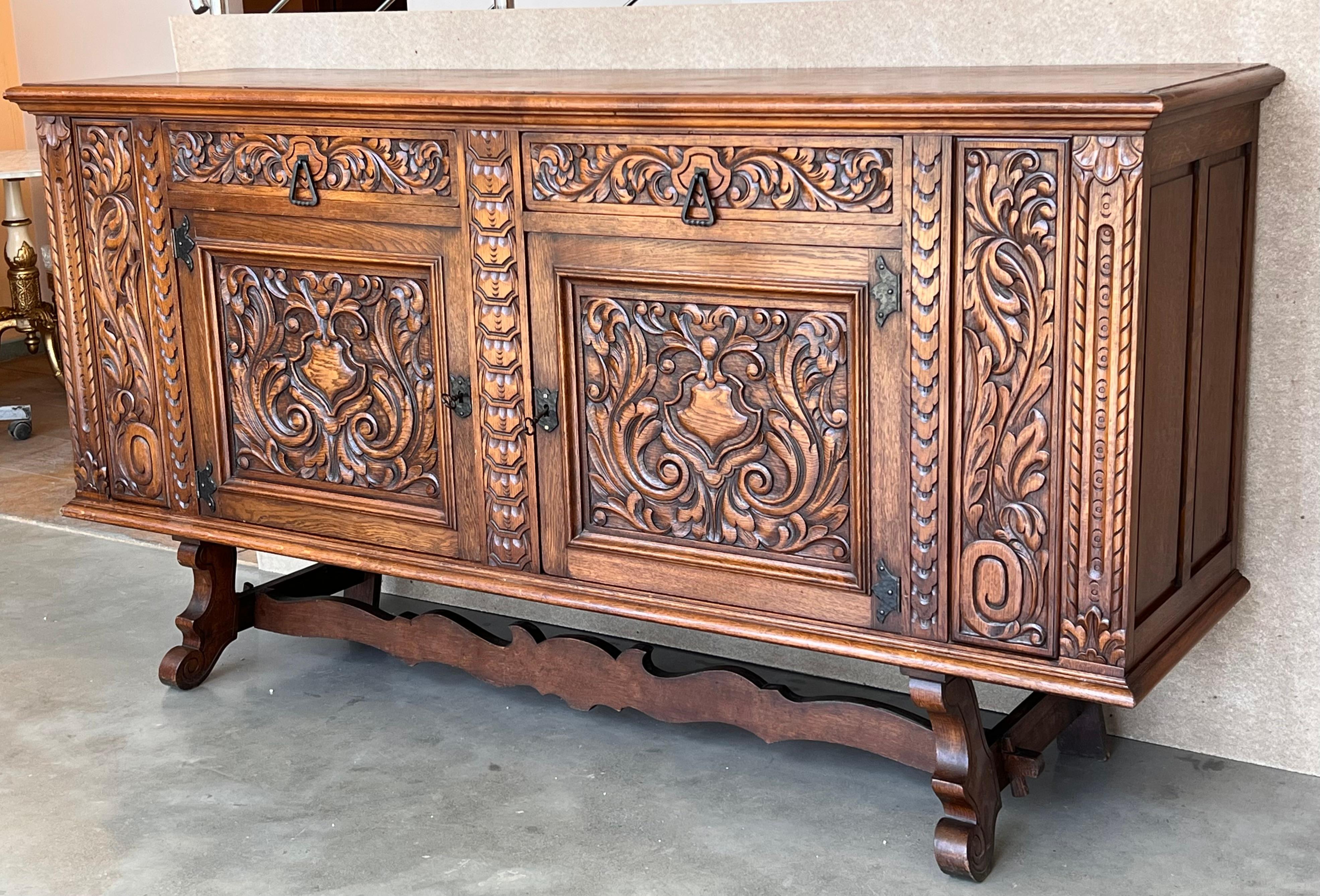 Spanish Colonial 20th Century Catalan Spanish Large Buffet with Two Carved Drawers and Two Doors For Sale
