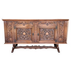 20th Century Catalan Spanish Large Buffet with Two Carved Drawers and Two Doors